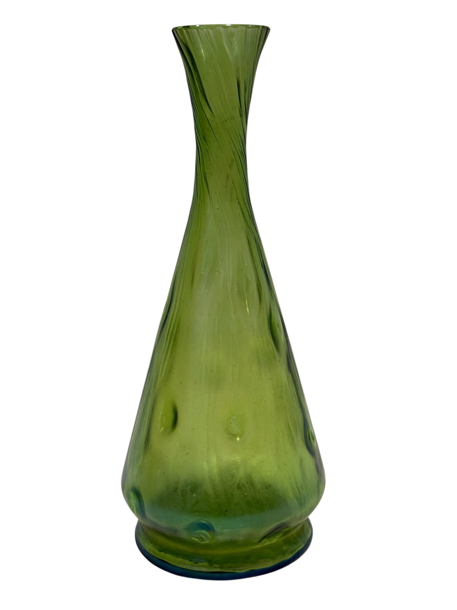 Art Nouveau Loetz Uranium Glass Dimpled Bud Vase: This is an elegant Art Nouveau bud vase manufactured by the premier Bohemian art glass company Loetz, circa 1900. Crafted from vibrant transparent green uranium glass, which exhibits a characteristic 
