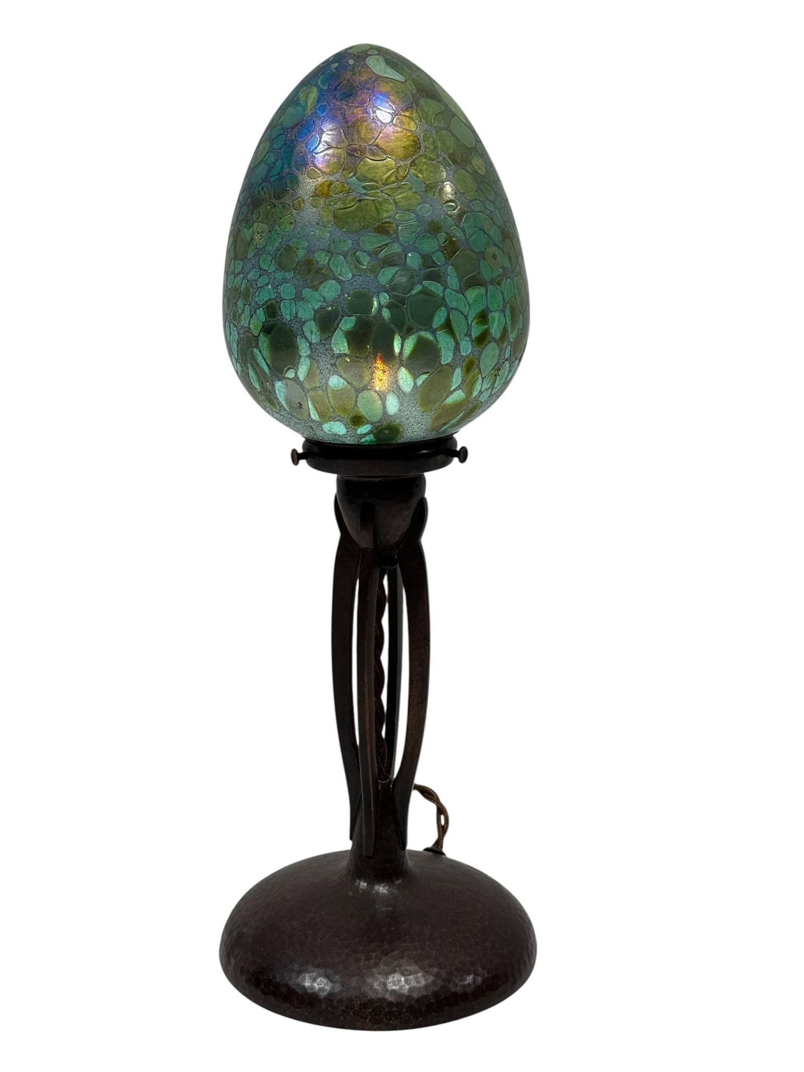 Arts & Crafts Loetz "Phänomen" Iridescent Glass Boudoir Lamp: This is an exquisite Arts & Crafts boudoir or desk lamp featuring a stunning egg-shaped iridescent art glass shade manufactured by the premier Bohemian glassworks Loetz, circa 1900. The shade showcase