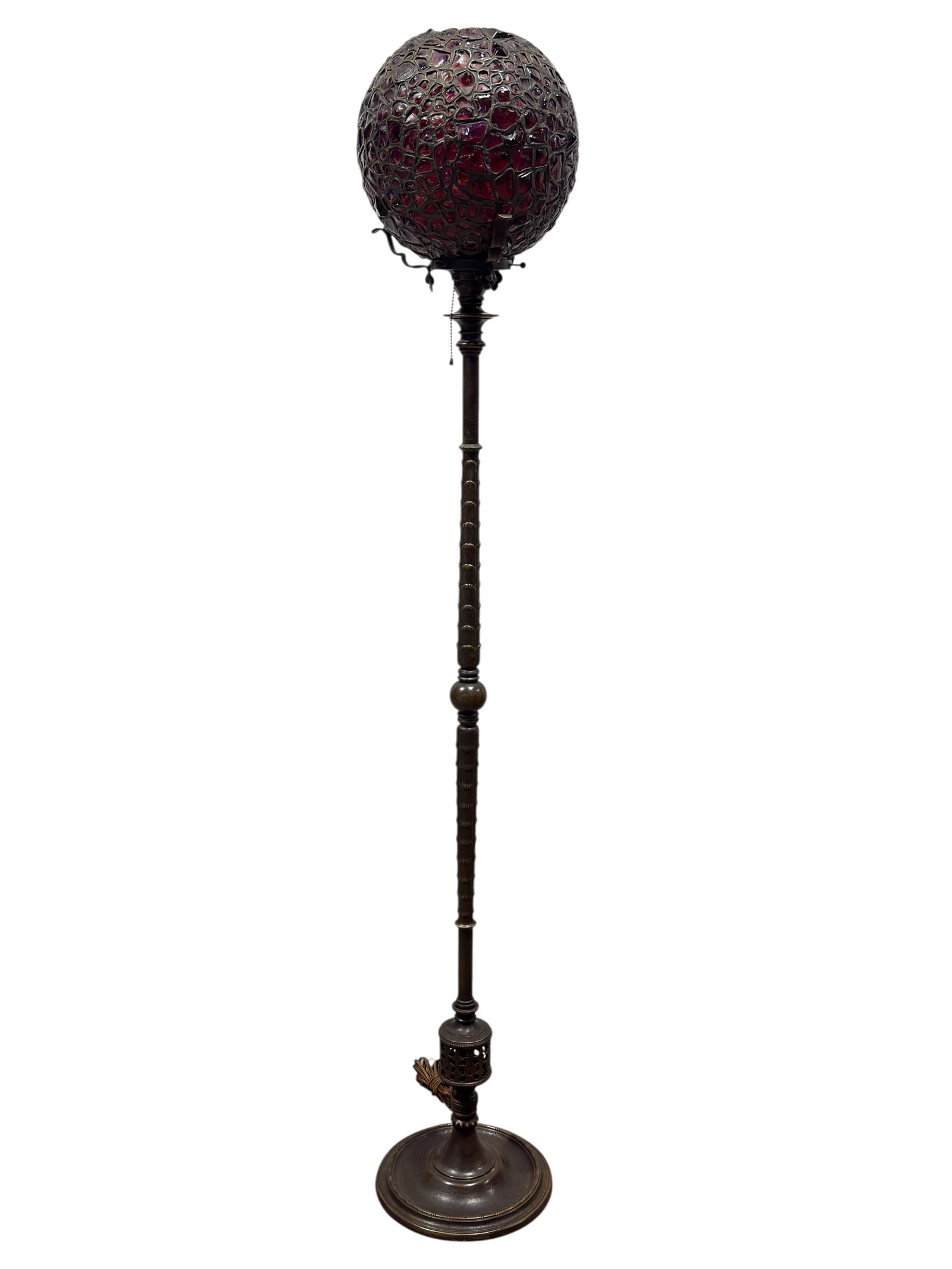 Rare Signed Oscar B. Bach "Jeweled" Bronze Floor Lamp: This is a rare and highly distinctive floor lamp designed by the master metalworker Oscar B. Bach. Known for his technical mastery of bronze and iron, Bach’s work often fused Gothic, Renaissance, an