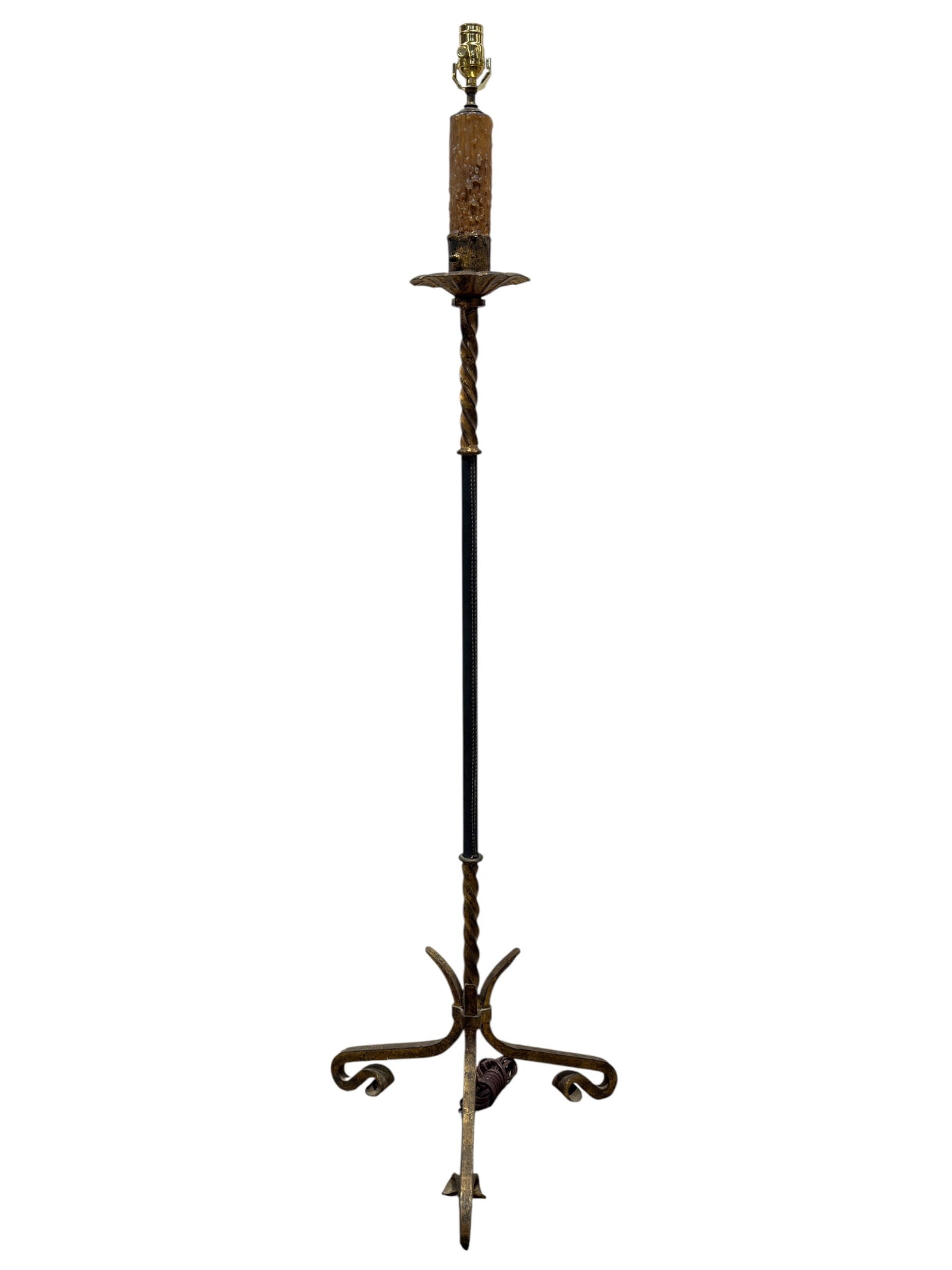 Early 20th C. Italian Gilt Wrought Iron & Tooled Leather Floor Lamp: A classic Italian Neoclassical or Renaissance Revival style floor lamp constructed from heavily textured, gilt-finished wrought iron. The stem features a unique composite design, highlighted by a cent