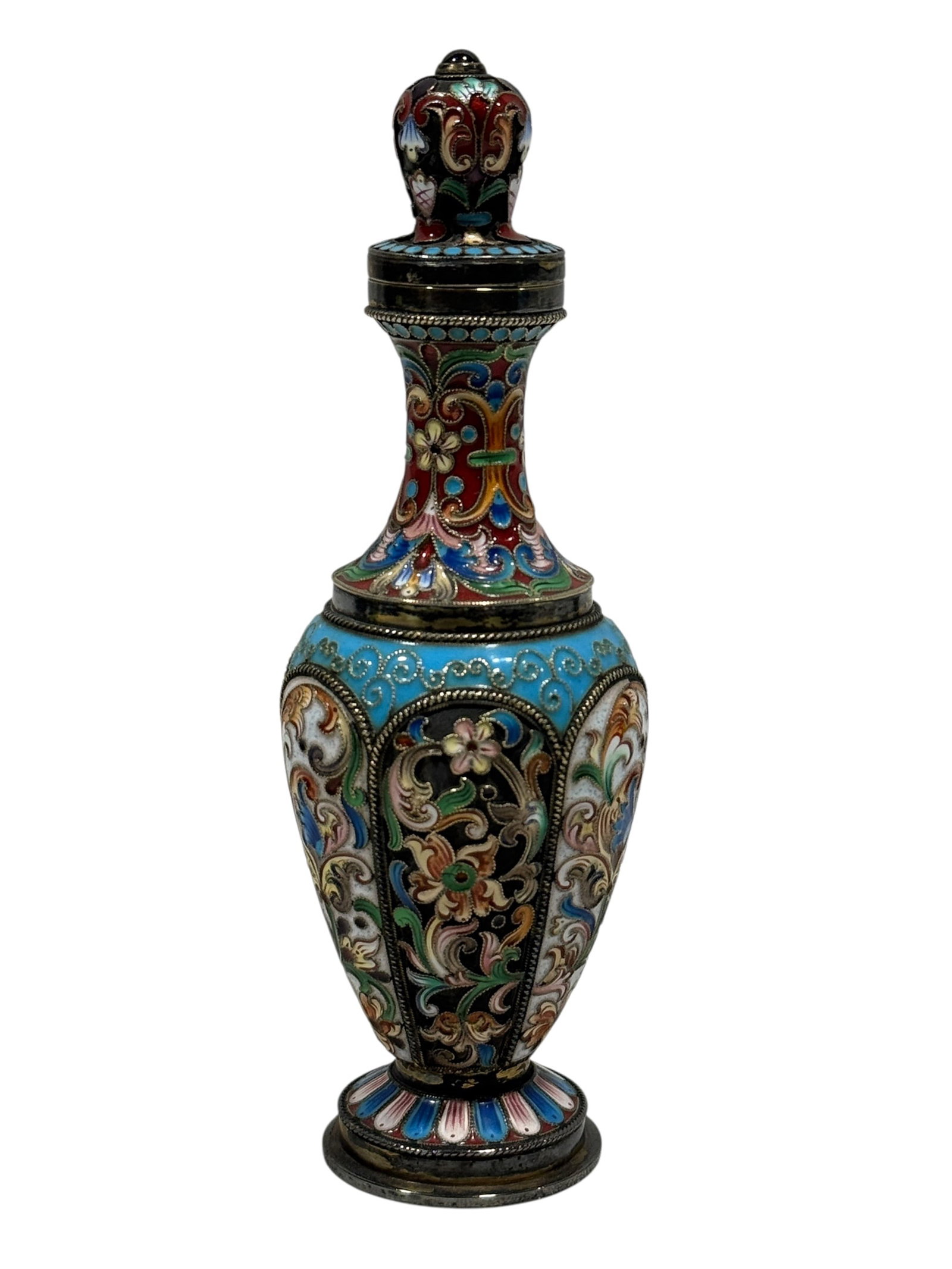 Late 19th C. Russian Cloisonne Enameled Silver Scent Bottle: This delicate and highly detailed late 19th-century scent bottle is a fine example of Russian cloisonne enameled silver work. The miniature bottle features a teardrop-shaped body adorned with exquisit