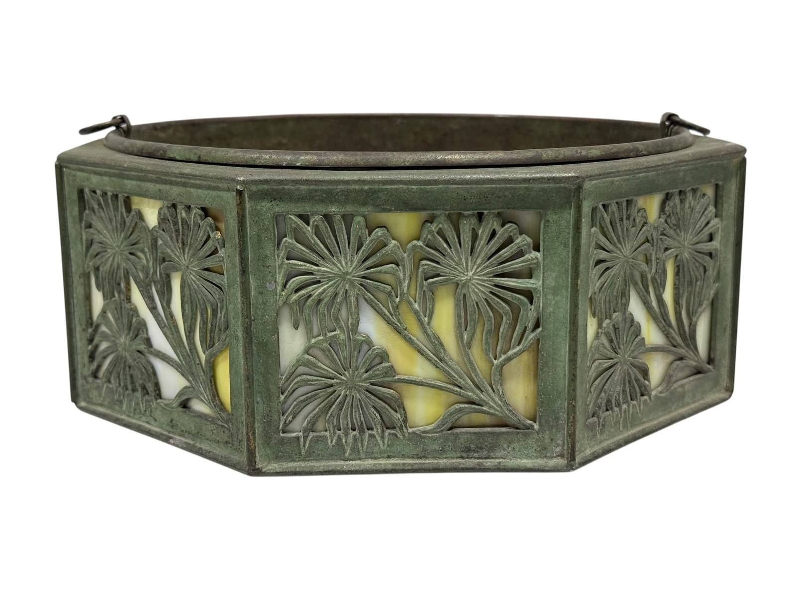 RARE Bradley & Hubbard Brass & Slag Glass Eight-Sided Fernery, c. 1910s: A rare and highly collectible early 20th-century Bradley & Hubbard eight-sided fernery, dating to approximately 1910–1920. This exact model features their celebrated overlay design commonly referred