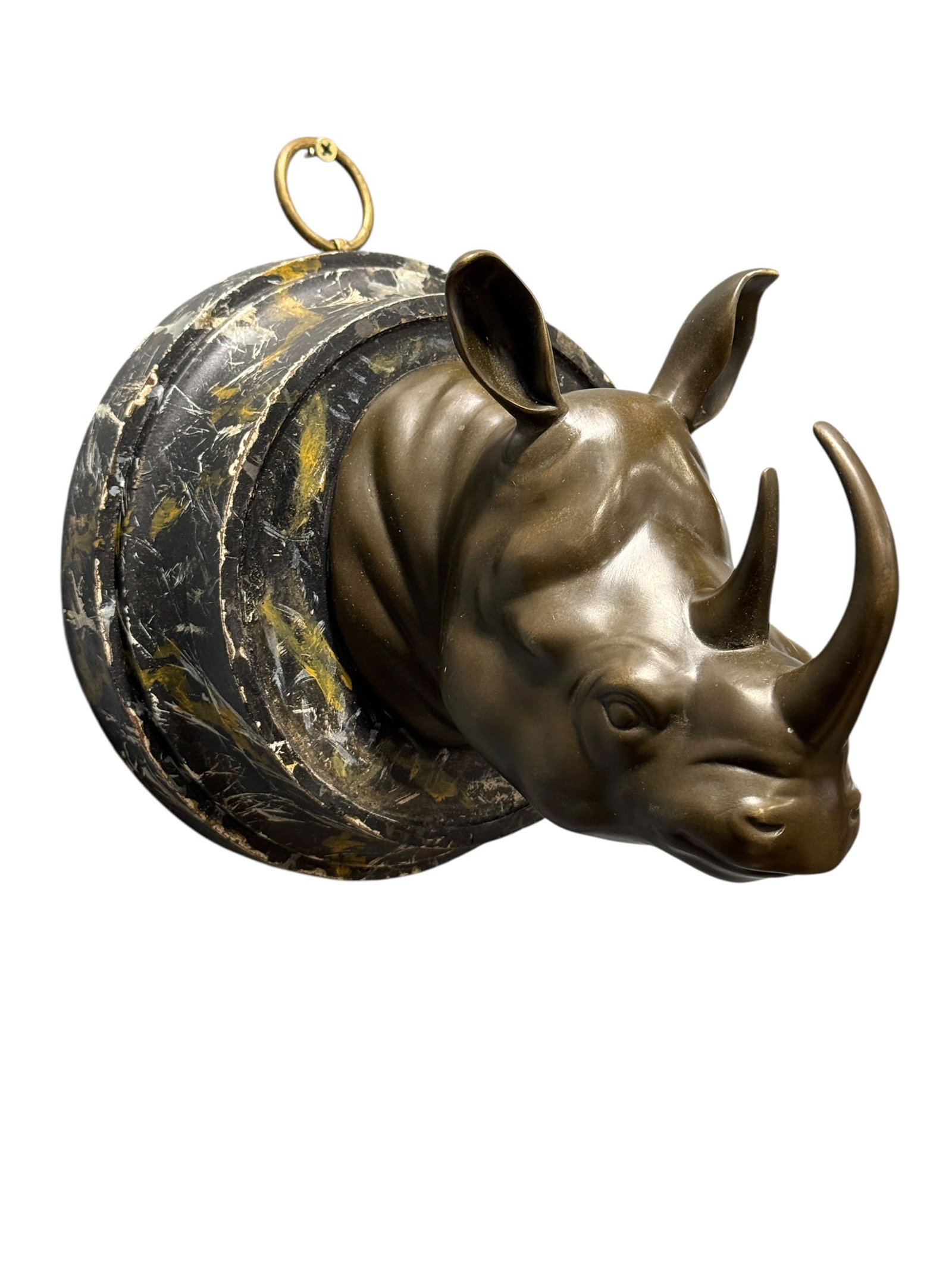 Patinated Bronze Rhinoceros Bust by Nick Bibby: This striking wildlife sculpture features a detailed, realistically rendered bust of a black rhinoceros, cast in heavy bronze with a deep olive-brown patina. The sculpture is incised on the lower righ