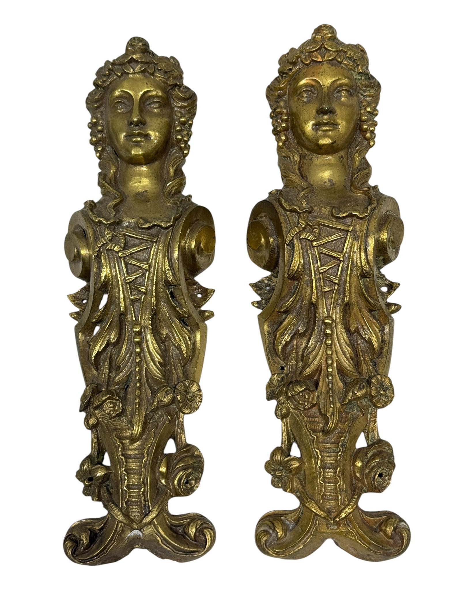 Pair of Antique French Style Gilt Bronze Espagnolette Furniture Mounts: This beautiful pair of hollow-cast brass or bronze mounts features highly detailed classical female busts. Each figure's hair is adorned with an ornate floral or grapevine wreath, a motif commonly ass