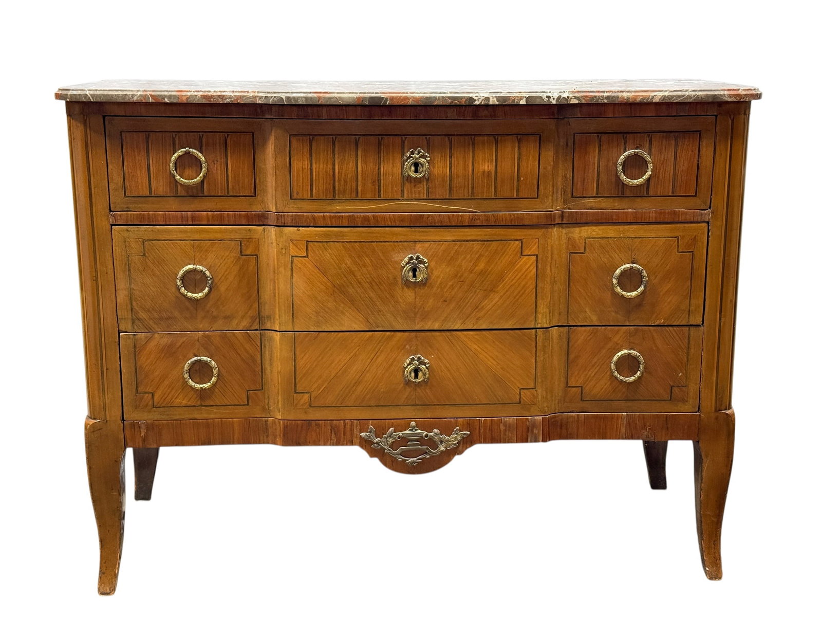 18th Century Italian Walnut & Marble-Top Commode: Elegant 18th century Italian commode crafted in richly figured walnut with fine fruitwood veneer inlays, retaining its original shaped and molded variegated marble top in striking shades of rouge, gra