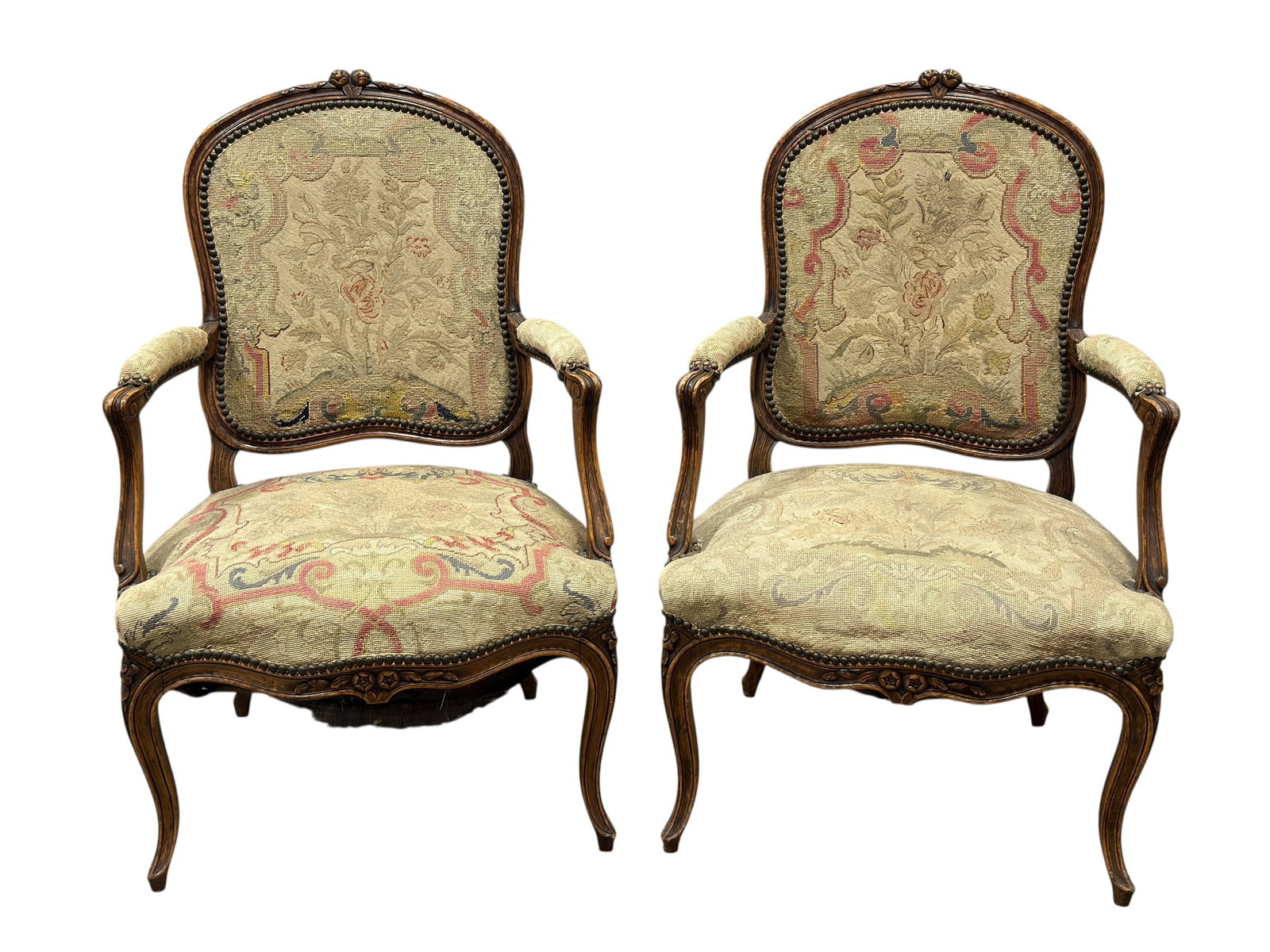 Pair of 19th C. French Louis XV Style Carved Beechwood Needlepoint Chairs (1 of 12)