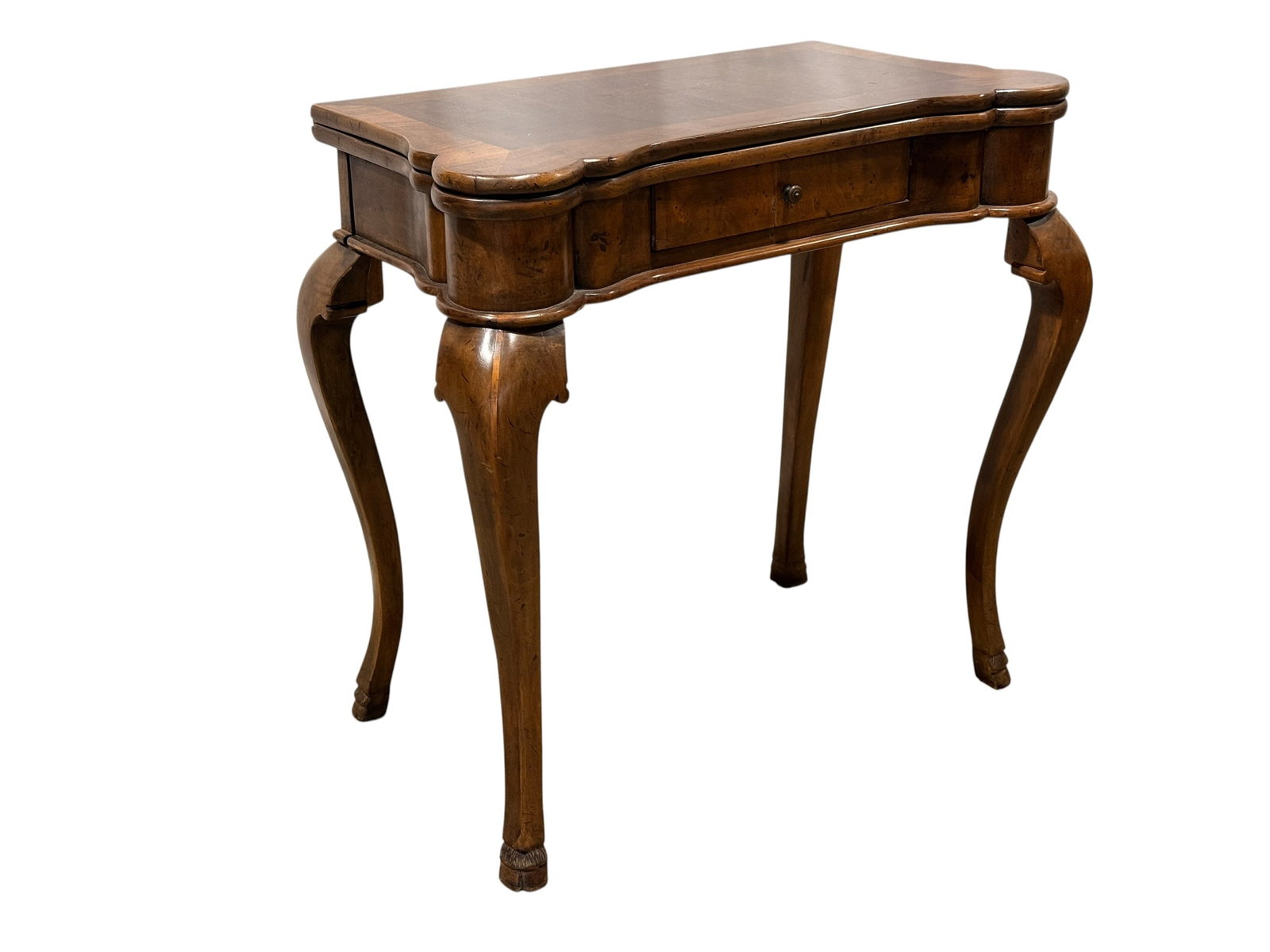 Italian Rococo Style Walnut Flip-Top Game Table: An elegant Italian walnut game table (or card table) crafted in the Rococo style, featuring a versatile flip-top design. The rectangular top is defined by a beautiful, serpentine-scalloped front and s