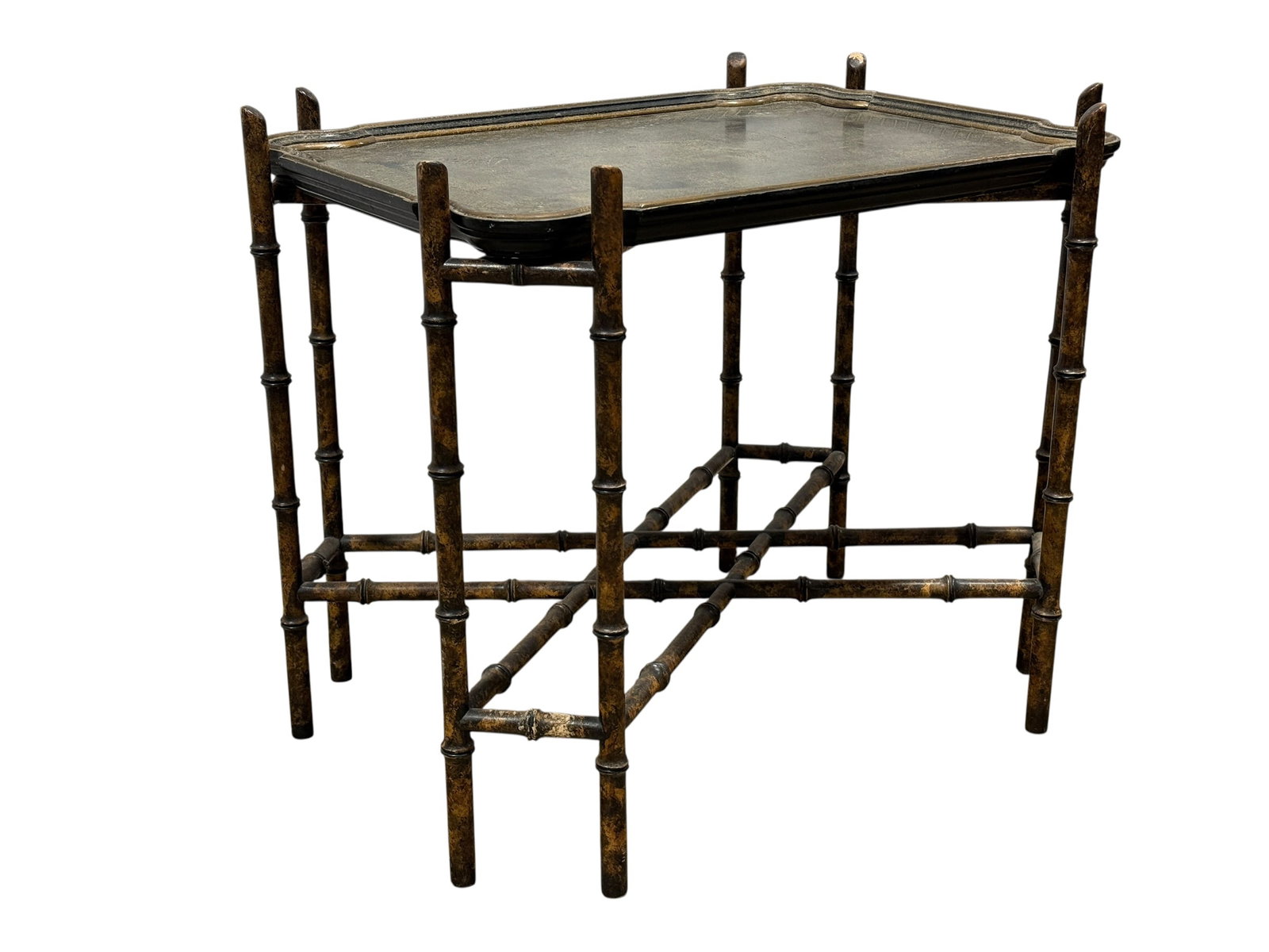 Regency Style Faux-Bamboo Butler's Tray Table: An elegant mid-20th-century Regency-style butler’s tray table (or tea table). The piece features a removable, rectangular wooden tray top with beautifully scalloped, serpentine edges, decorated with