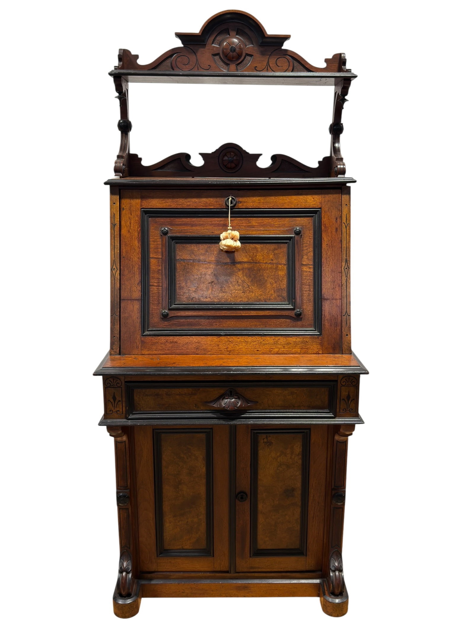 Victorian Eastlake Style Walnut & Burl Drop-Front Secretary Desk: An antique American Eastlake (or Renaissance Revival) style drop-front secretary desk, crafted in walnut with striking burl walnut veneer accents. The top features an ornate, pedimented galleried shel