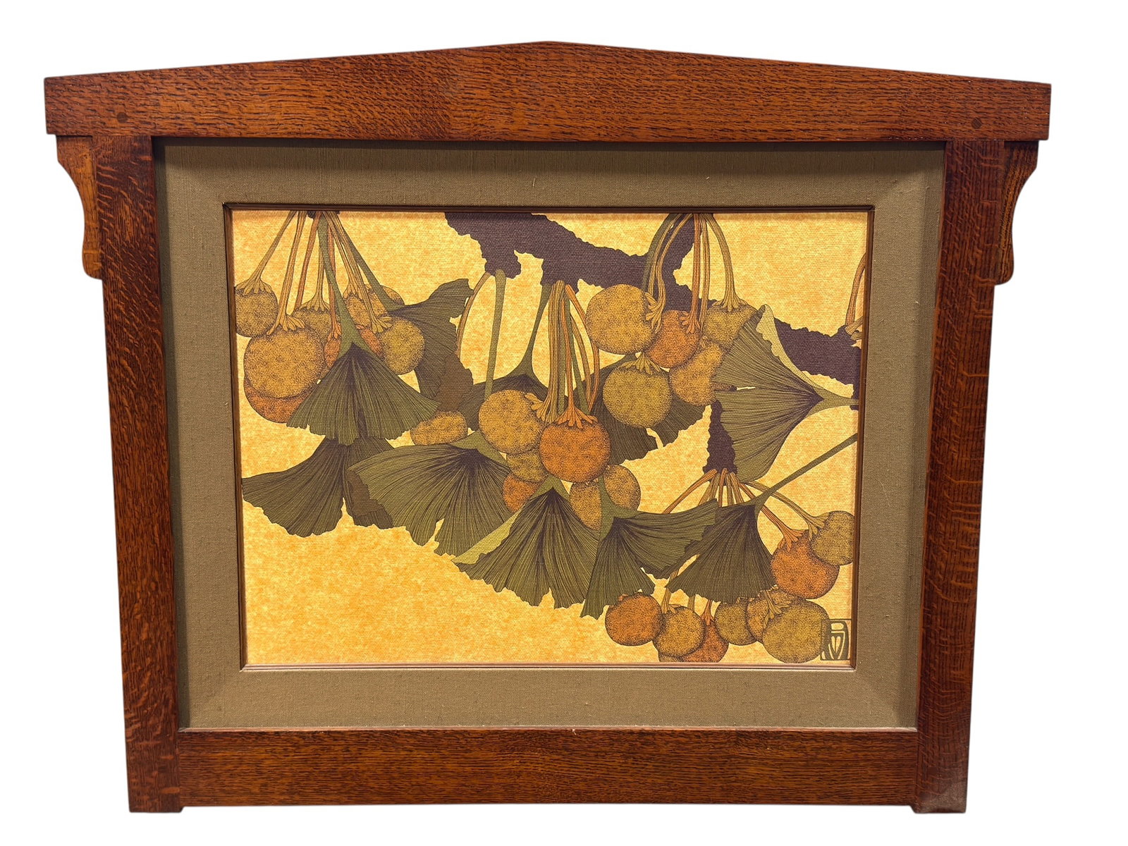 "Ginkgo in Autumn" Print by Anita Munman: This framed print, titled "Ginkgo in Autumn" by artist Anita Munman, showcases a stylized botanical composition of ginkgo leaves and fruits in an earthy color palette of ochre, deep green, and brown. 