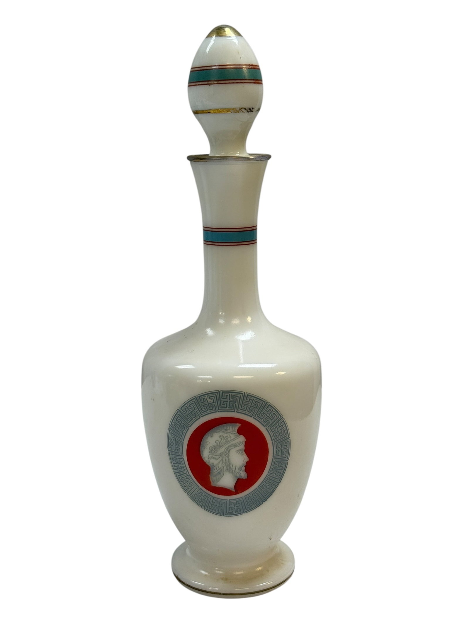 Grand Marnier Limited Edition White Milk Glass Decanter: This elegant vintage decanter was produced for Grand Marnier and features a classic white milk glass body with a neoclassical design, including a Roman-style profile medallion framed by a Greek key bo