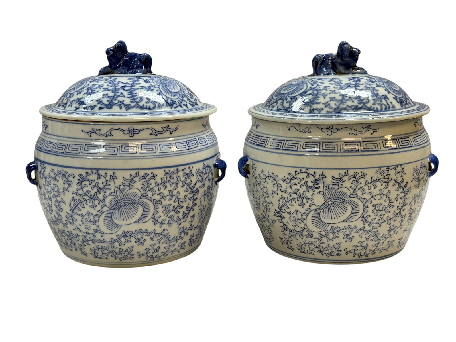 Pair of Blue and White Porcelain Ginger Jars: This pair of lidded porcelain jars features a traditional blue and white color palette with intricate foliate and scrollwork patterns covering the body. They are accented by a formal Greek key design 