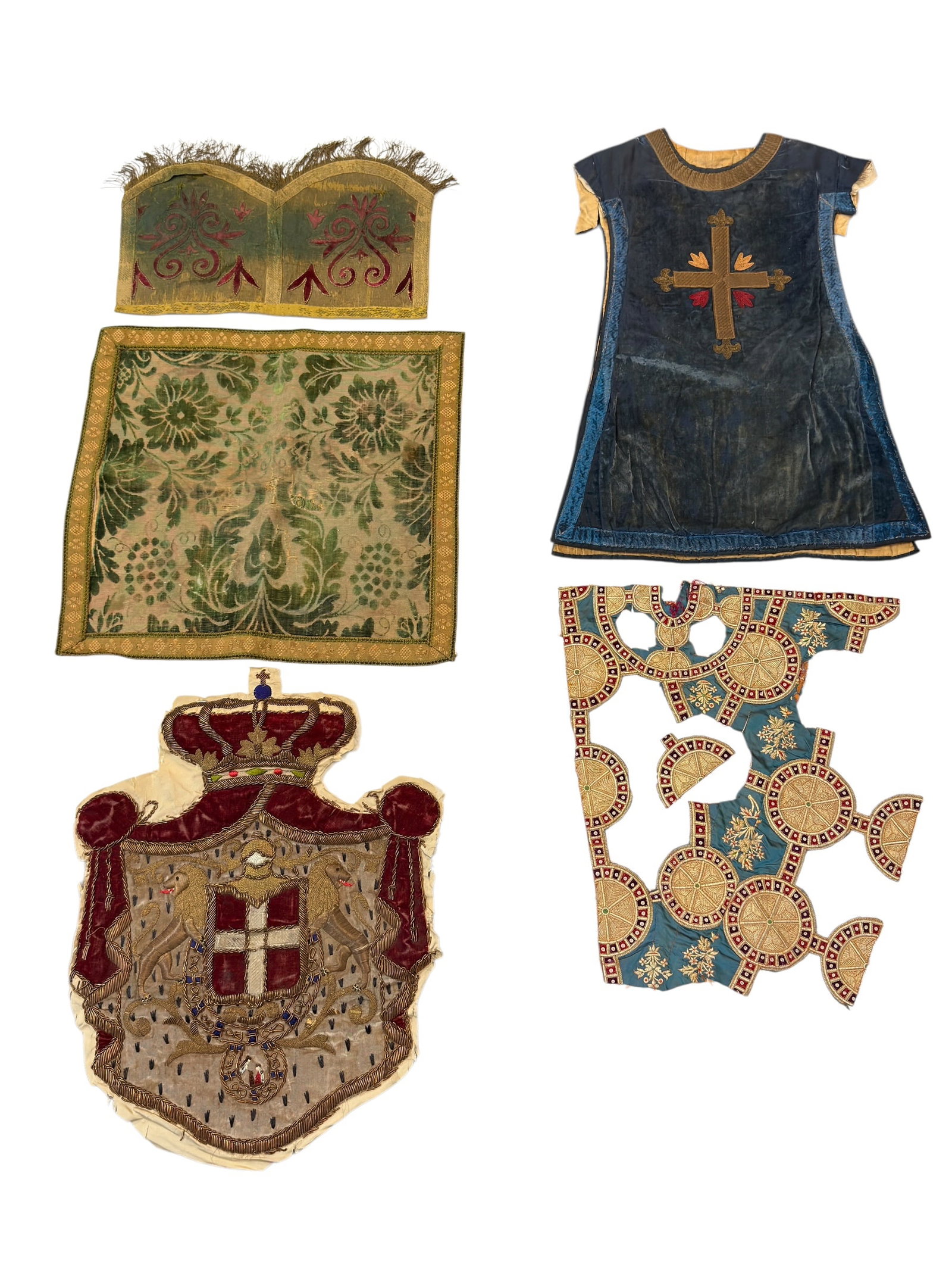 (5) 18th–19th Century Ecclesiastical Vestment Cloths & Fragments: This historical collection consists of five antique European liturgical textile components showcasing exceptional period craftsmanship. The group features an elaborate heraldic crest intricately embro