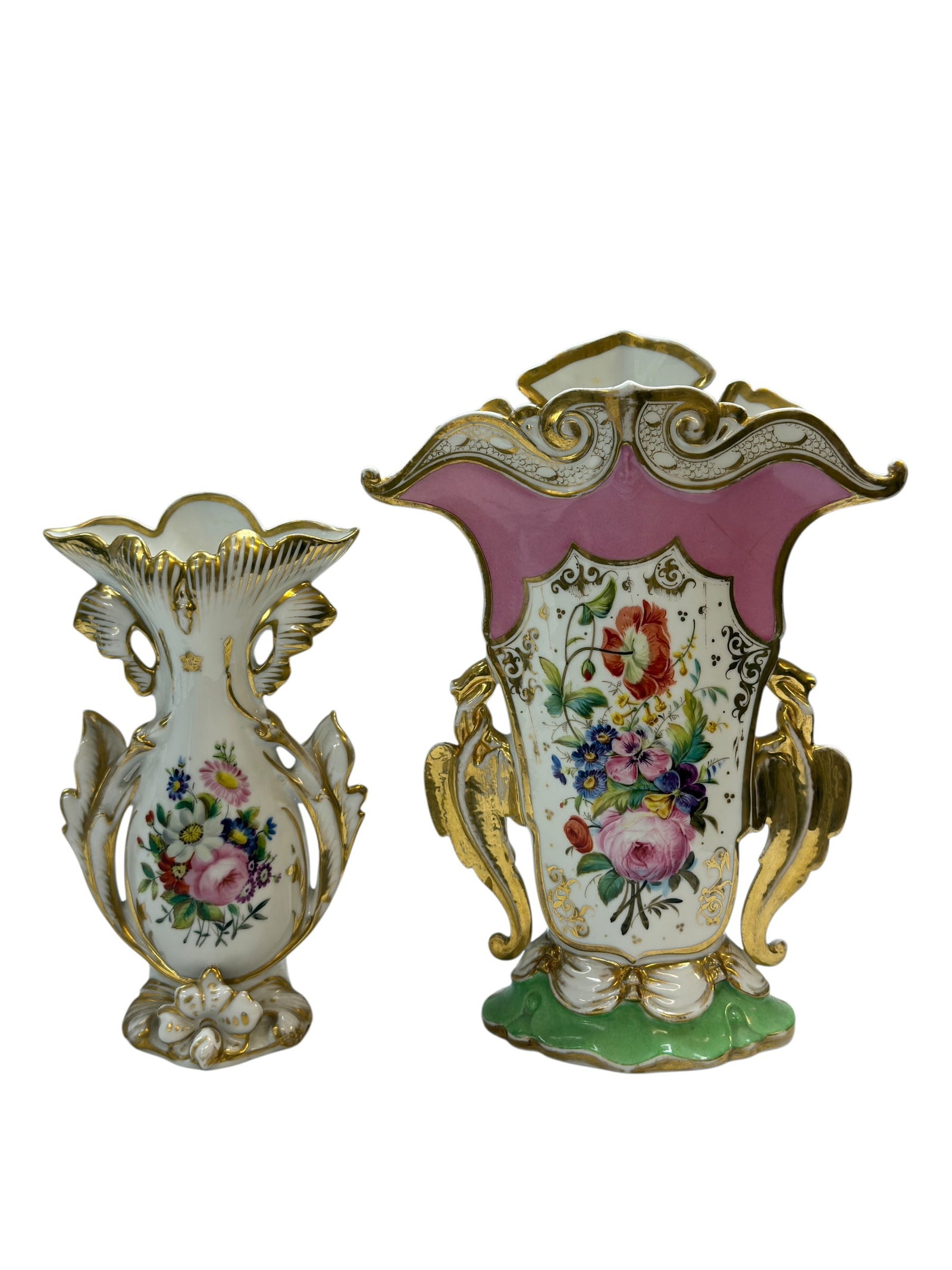 Pair of Late 19th Century Porcelain Floral Vases: A decorative pair of late 19th-century porcelain cabinet vases, including a Christopher Finch Rococo Revival vase, marked CF 107, featuring a shaped pink ground with an exquisitely hand-painted