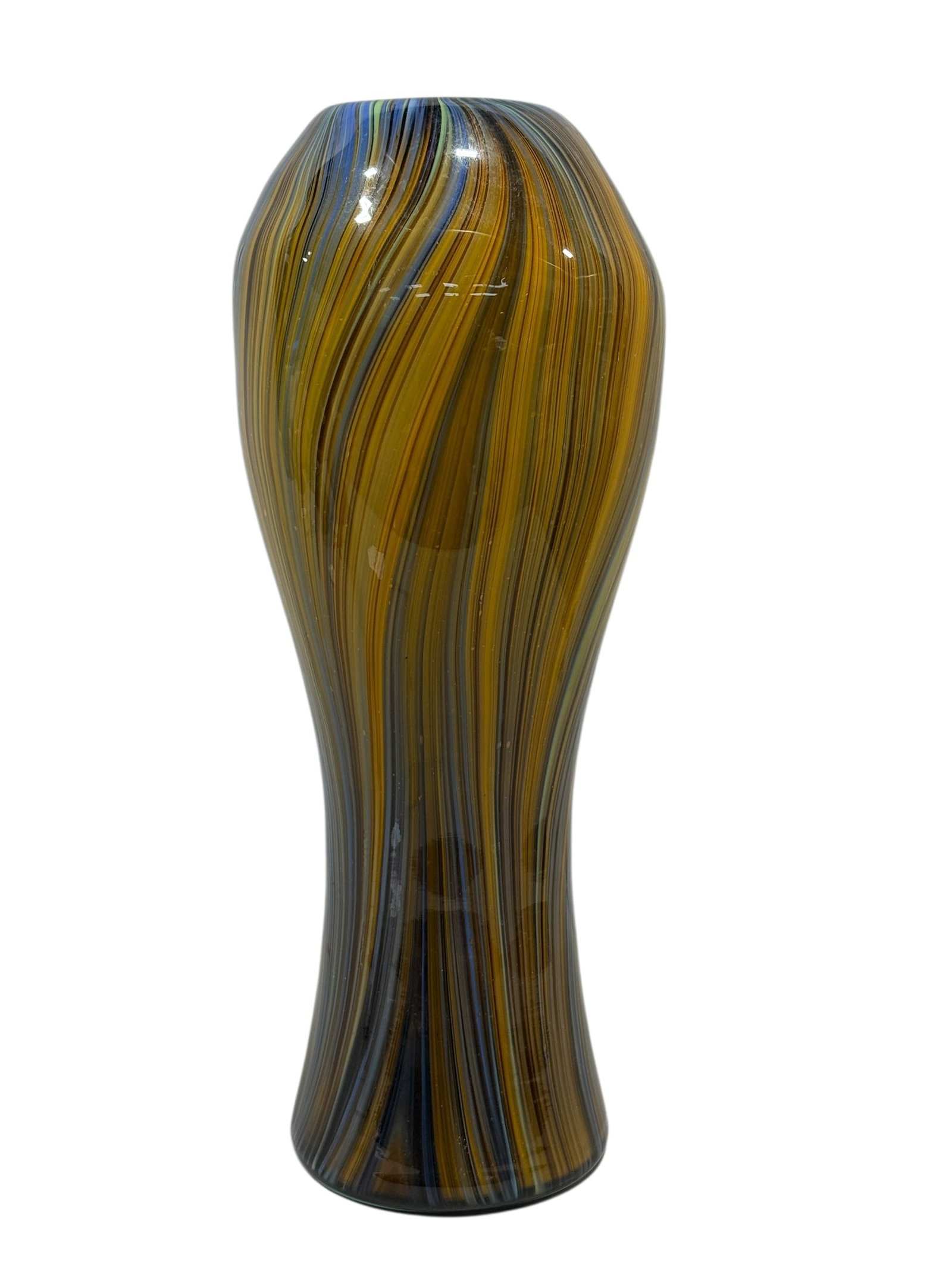 Murano Arte Hand-Blown Italian Art Glass Vase: This striking mid-century Italian art glass vase is hand-blown on the island of Murano, featuring an elegant, elongated hourglass form decorated with dense, vertical combed ribbons of blue, amber,