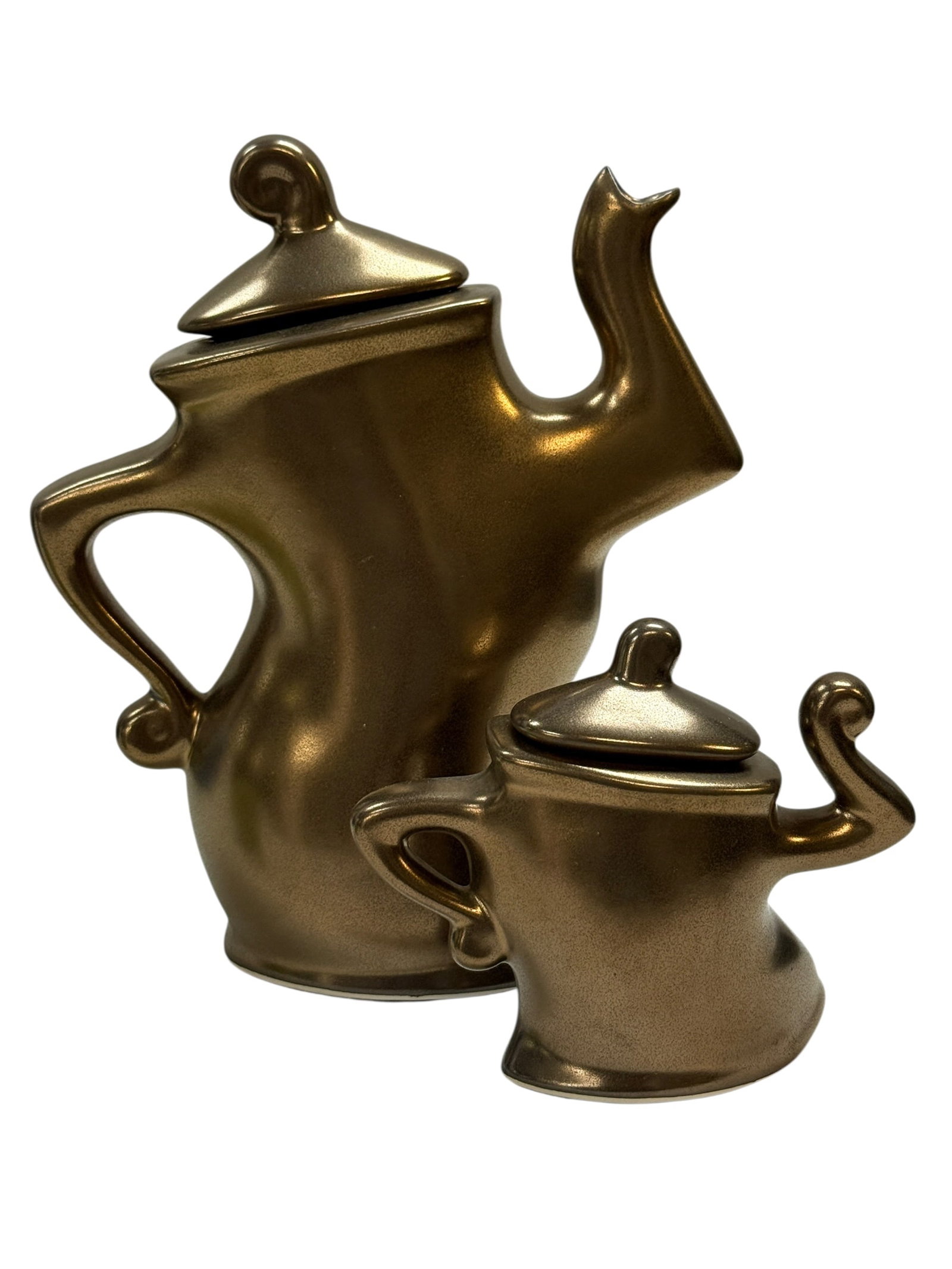 Set of 2 Lambut Postmodern Ceramic Coffee Pot & Covered Sugar Bowl: A signed two-piece postmodern ceramic coffee service by Lambut, comprising a sculptural coffee pot with matching covered sugar bowl, each finished in a metallic bronze-toned glaze with whimsical
