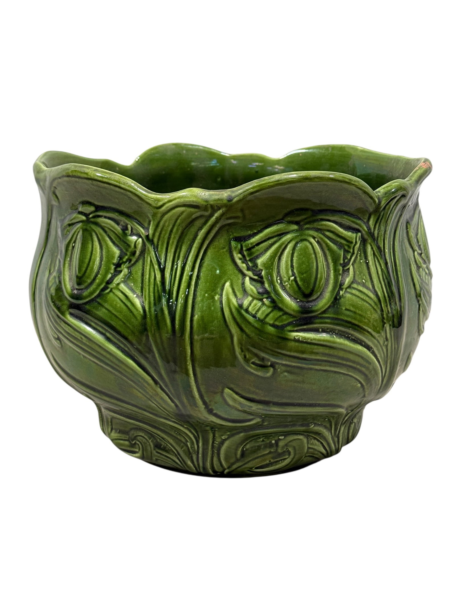 Venus Art Pottery Green Art Nouveau Jardiniere: Striking Venus Art Pottery jardiniere in a rich emerald green glaze, featuring an Art Nouveau-inspired design of bold, flowing organic relief motifs that wrap continuously around the body. The glossy