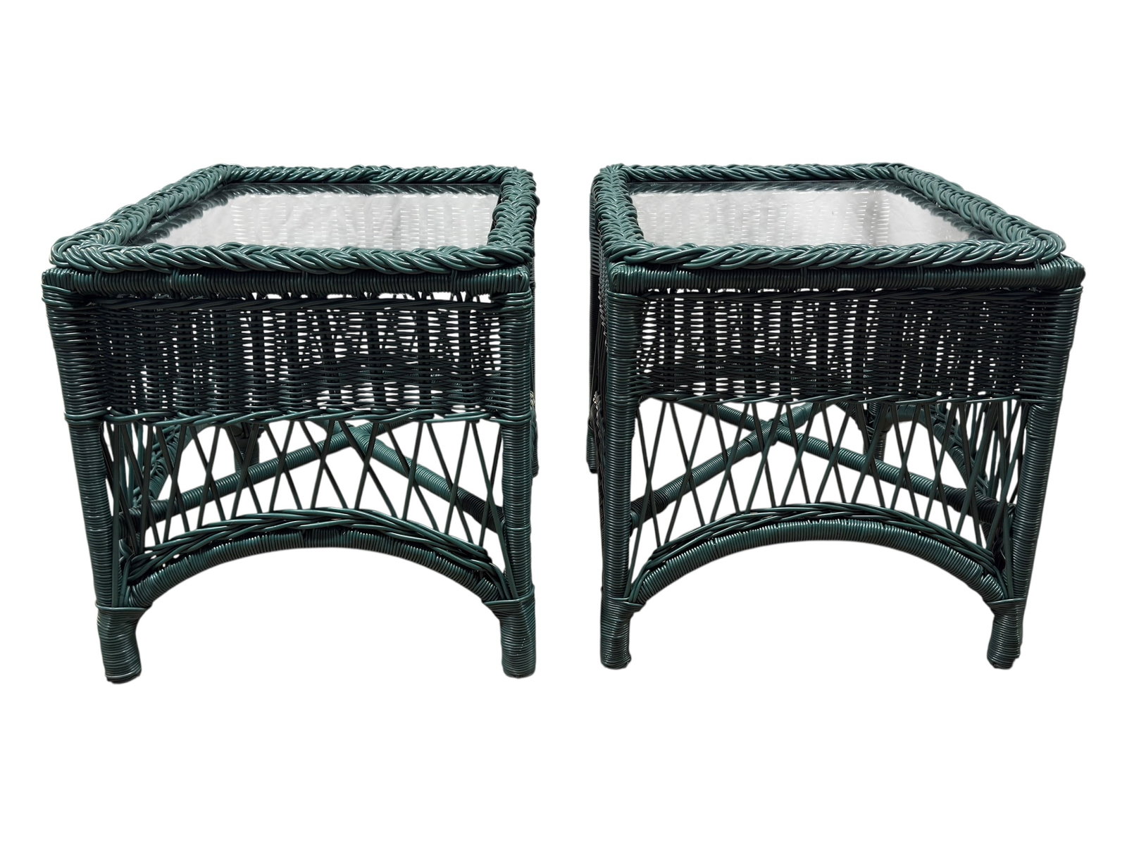 Pair of Green Resin Wicker Glass-Top End Tables (1 of 6)