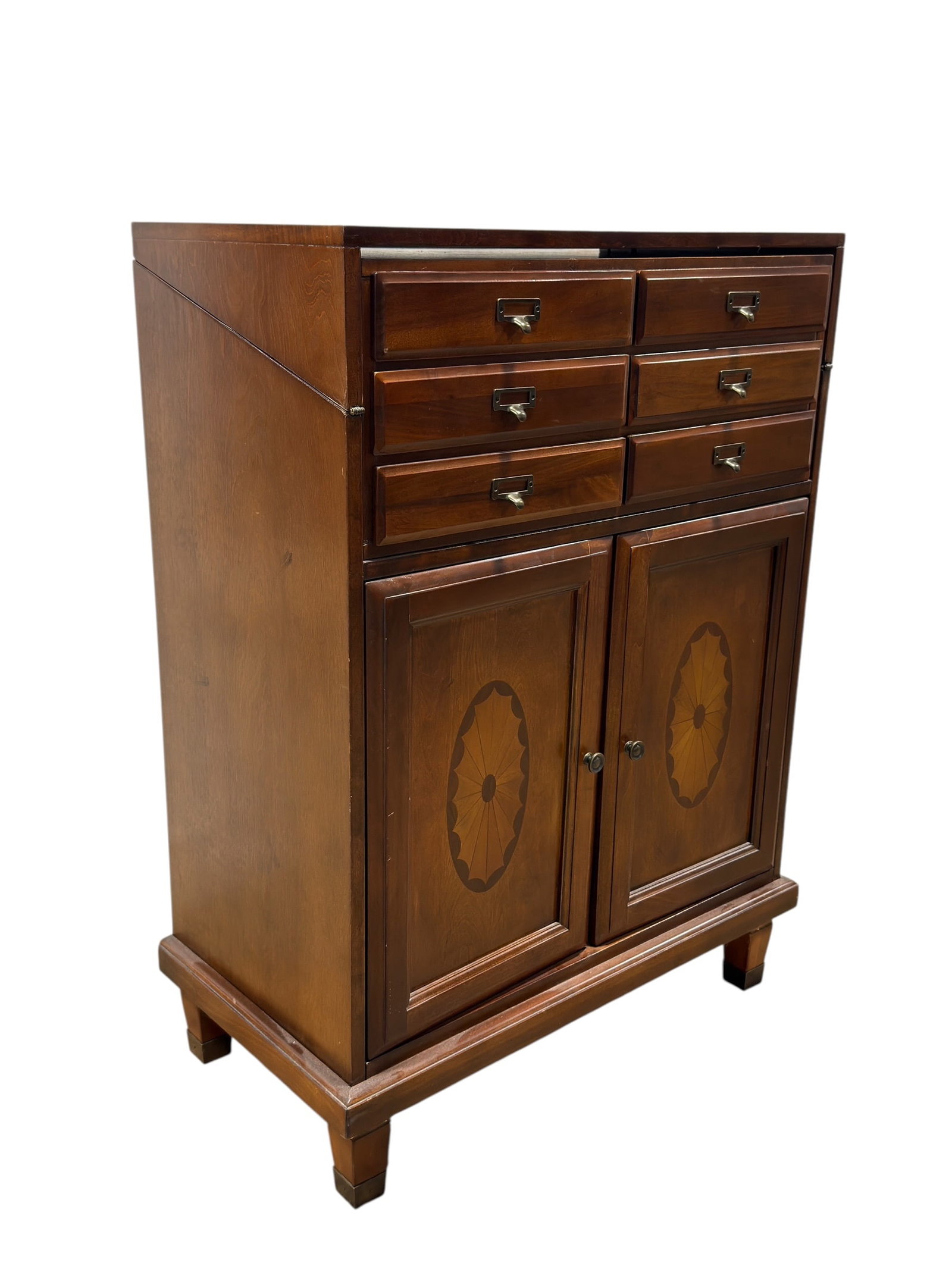 Contemporary Inlaid Wood Secretary Cabinet: Contemporary secretary cabinet crafted with a warm medium-tone wood finish, featuring a fall-front writing surface that opens to reveal six graduated drawers and a spacious writing compartment. The lo