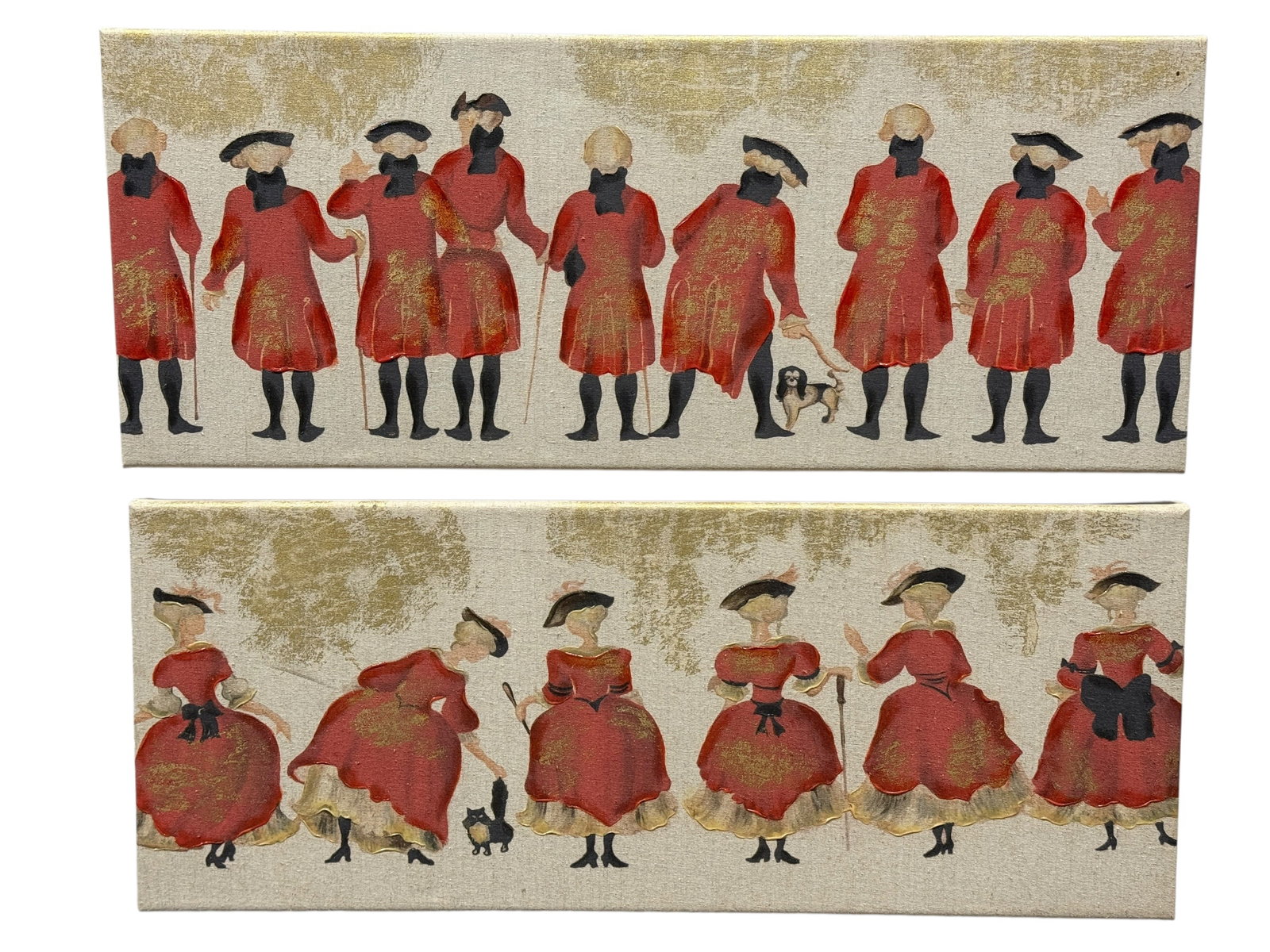 Pair of Contemporary Silhouette Giclées on Canvas: This decorative pair of elongated, horizontal canvas panels features stylized 18th-century period figures rendered in a contemporary giclée print format. One panel illustrates a procession of gentlem