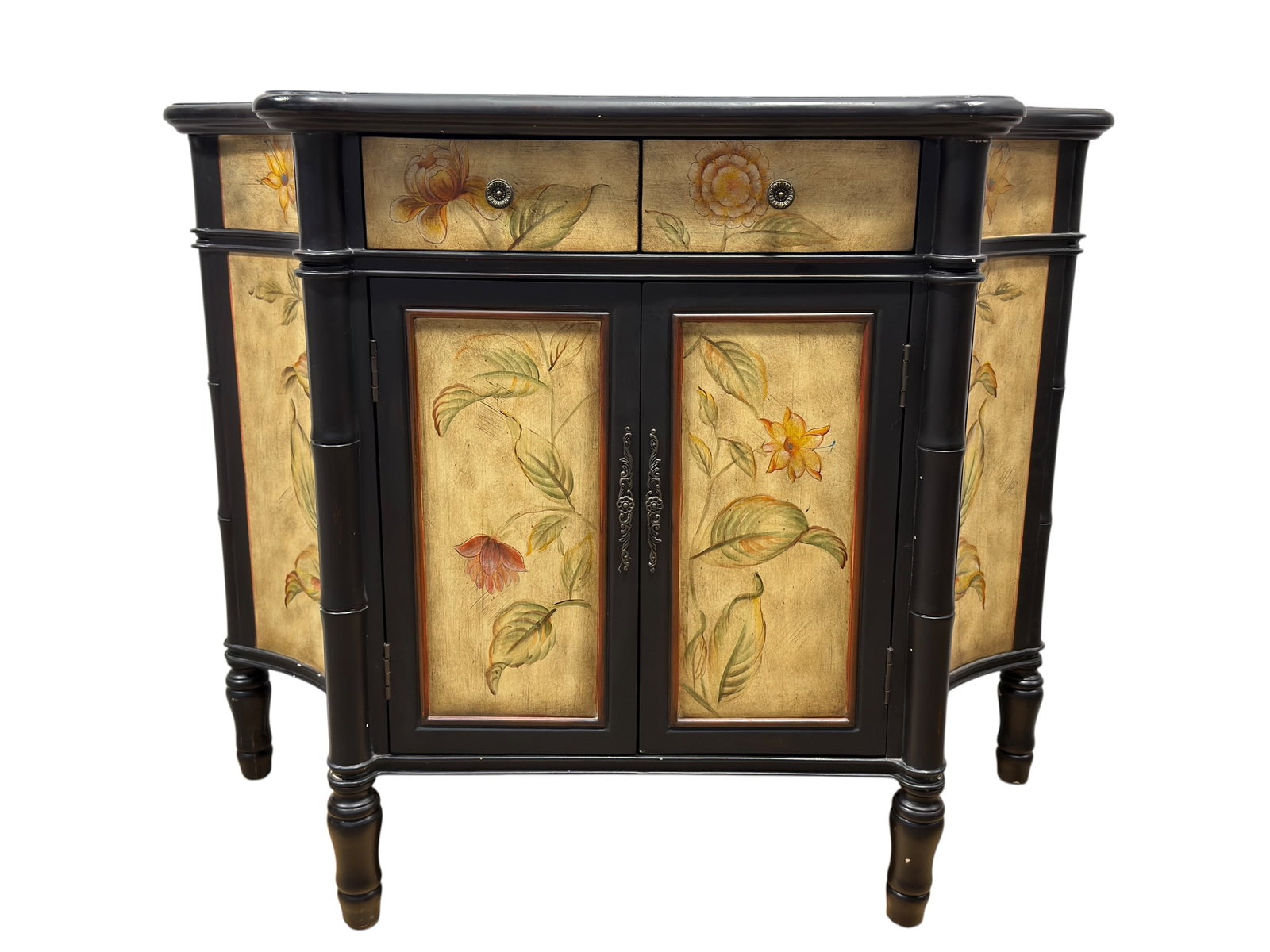 Contemporary Faux Painted Floral Cabinet: This contemporary accent cabinet features a shaped, elongated top over two aligned drawers and a central two-door storage compartment opening to a single shelf. The cabinet is decorated with faux