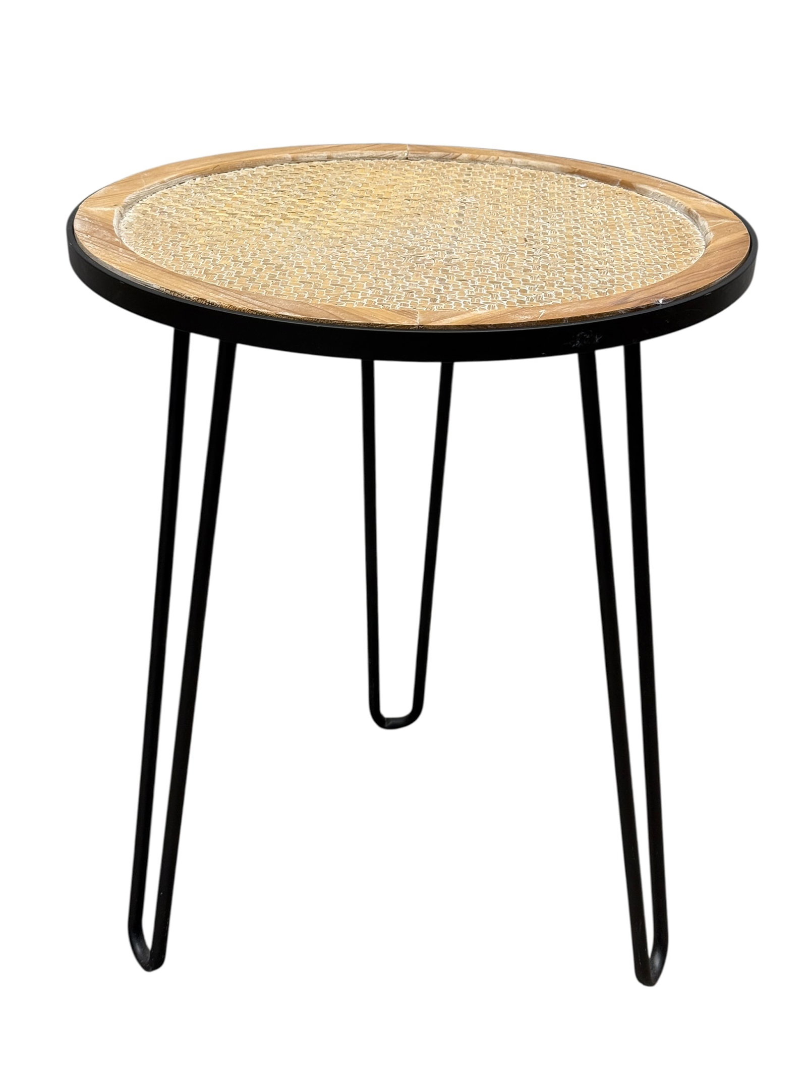 Contemporary Round Cane-Top Side Table: A contemporary industrial-style round accent or side table. The piece features a circular wooden top inset with a tightly woven light tan cane or rattan panel, bordered by a black-finished metal rim.