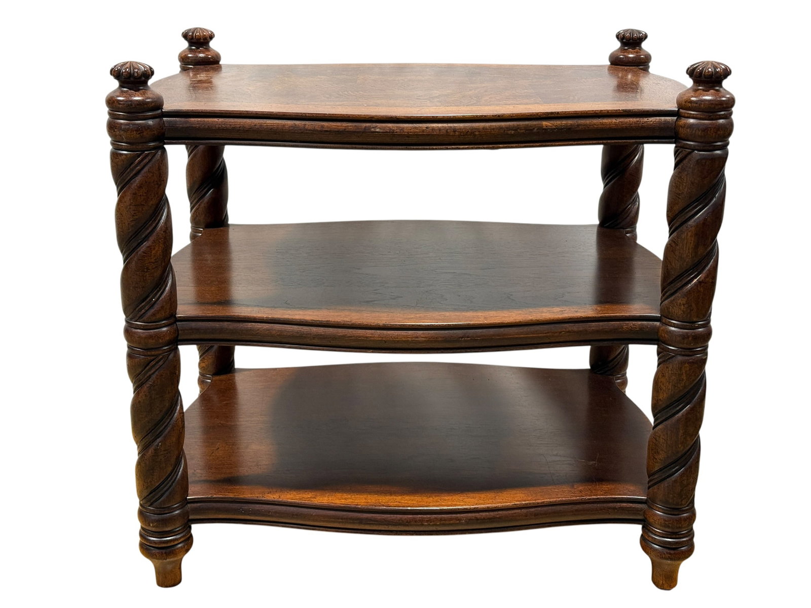 Thomasville Vintage Three-Tier Burl Wood: A vintage three-tier rolling serving cart or entertainment stand manufactured by Thomasville Furniture Industries. The piece features a serpentine-front silhouette with a highly figured burl wood