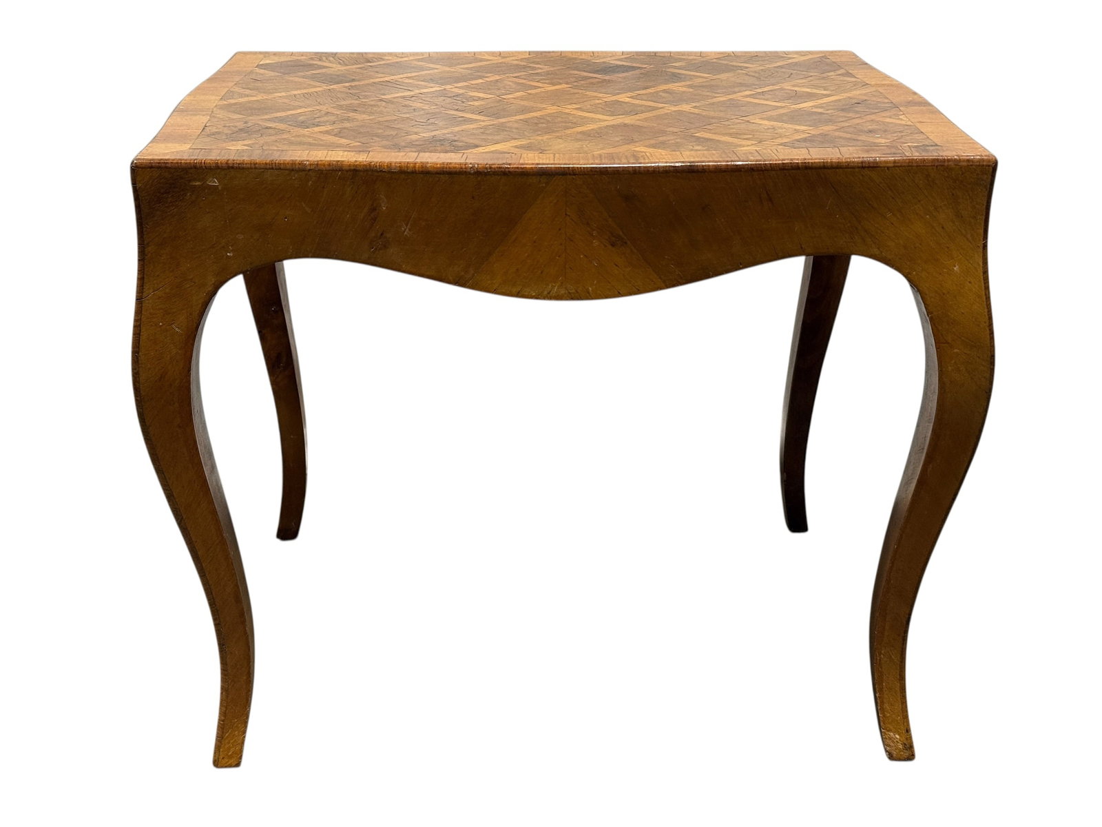 Vintage French Provincial Style Parquetry End Table: A vintage French Provincial or Louis XV style mixed-wood low side table. The square top features an intricate, multi-toned parquetry veneer surface arranged in a diagonal diamond grid pattern, framed