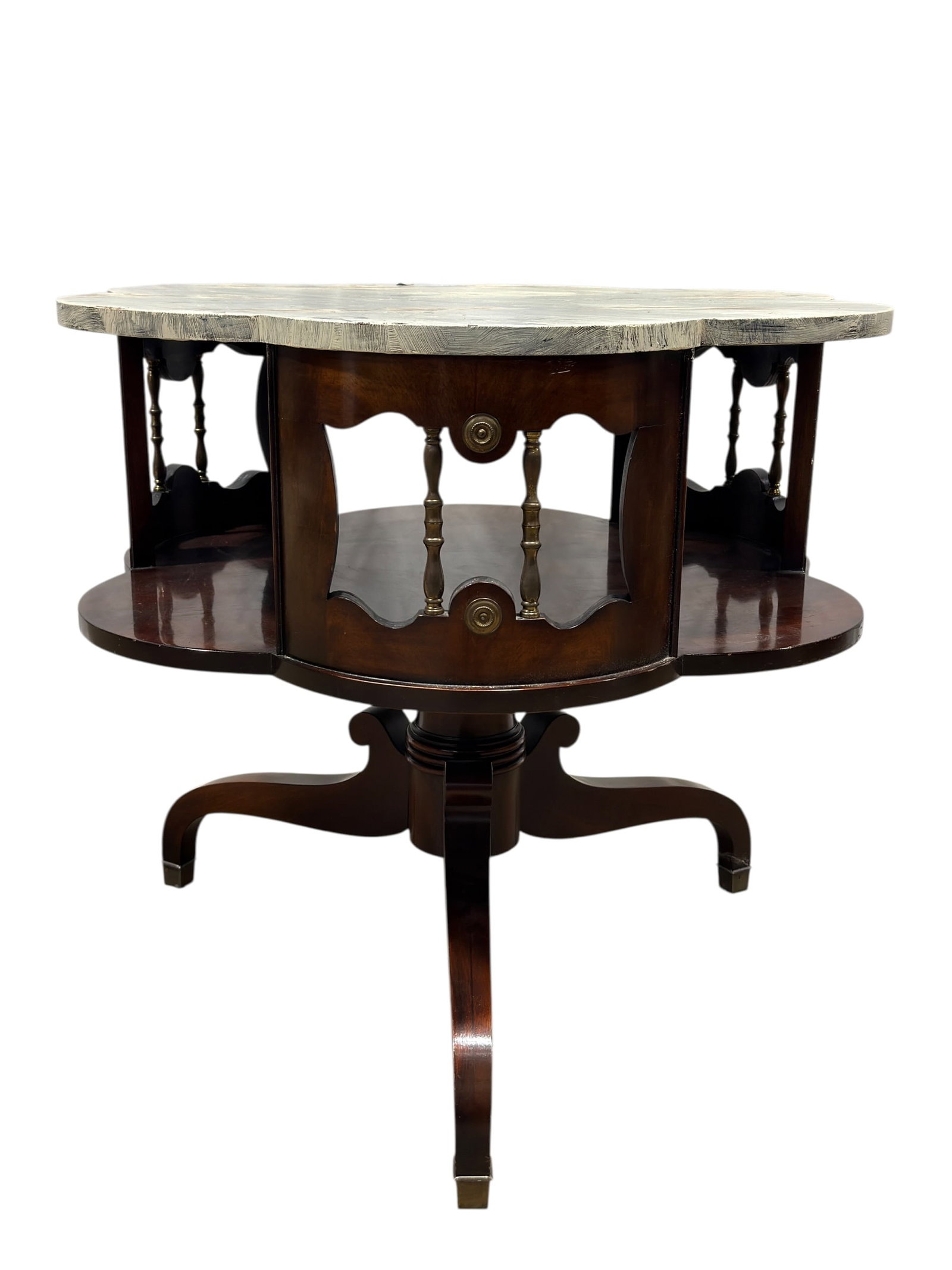 Vintage Duncan Phyfe Quatrefoil Tiered Accent Table: A vintage Duncan Phyfe tiered drum or accent table featuring a mahogany-finished wood frame. The distinctive quatrefoil or clover-shaped top surface is painted to look like marble with a gray and crea