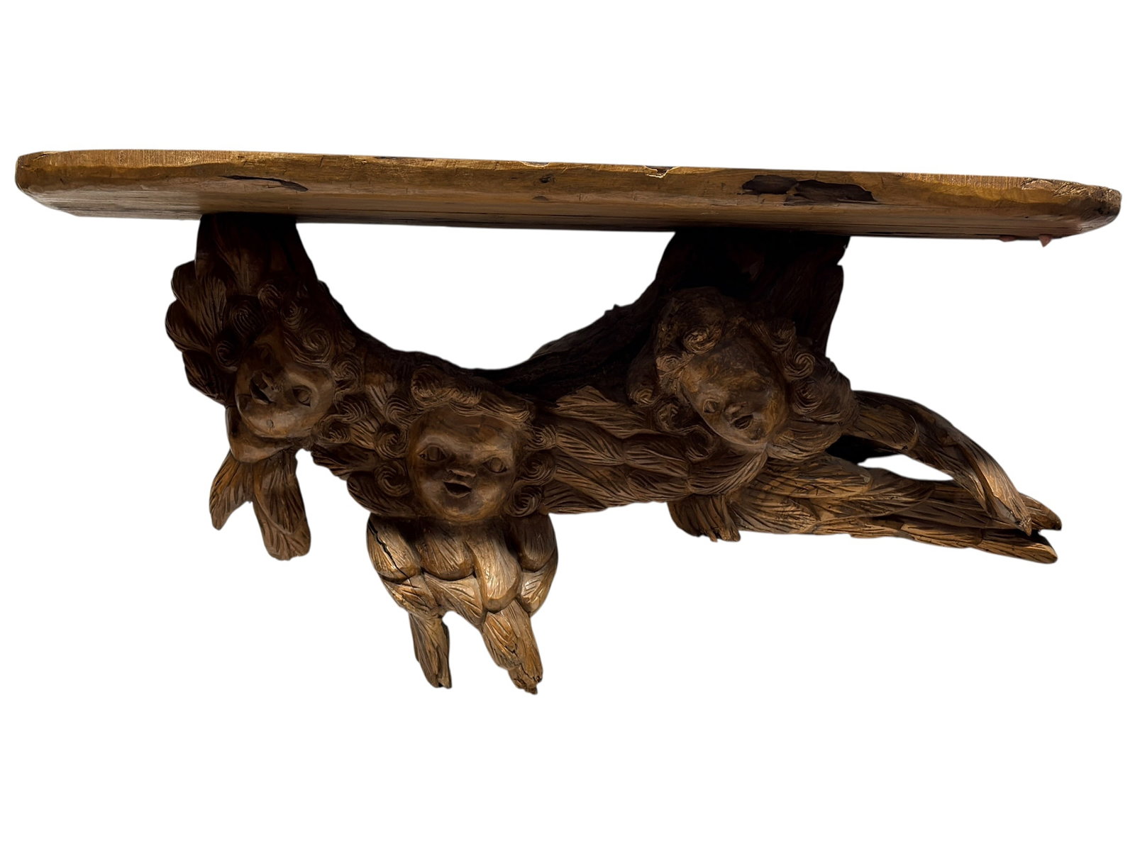 Large Hand-Carved Cherub Wall Shelf: This is a substantial style European wall shelf or architectural bracket, featuring an intricately hand-carved high-relief support structure depicting cherub or putti figures. The supportive console b