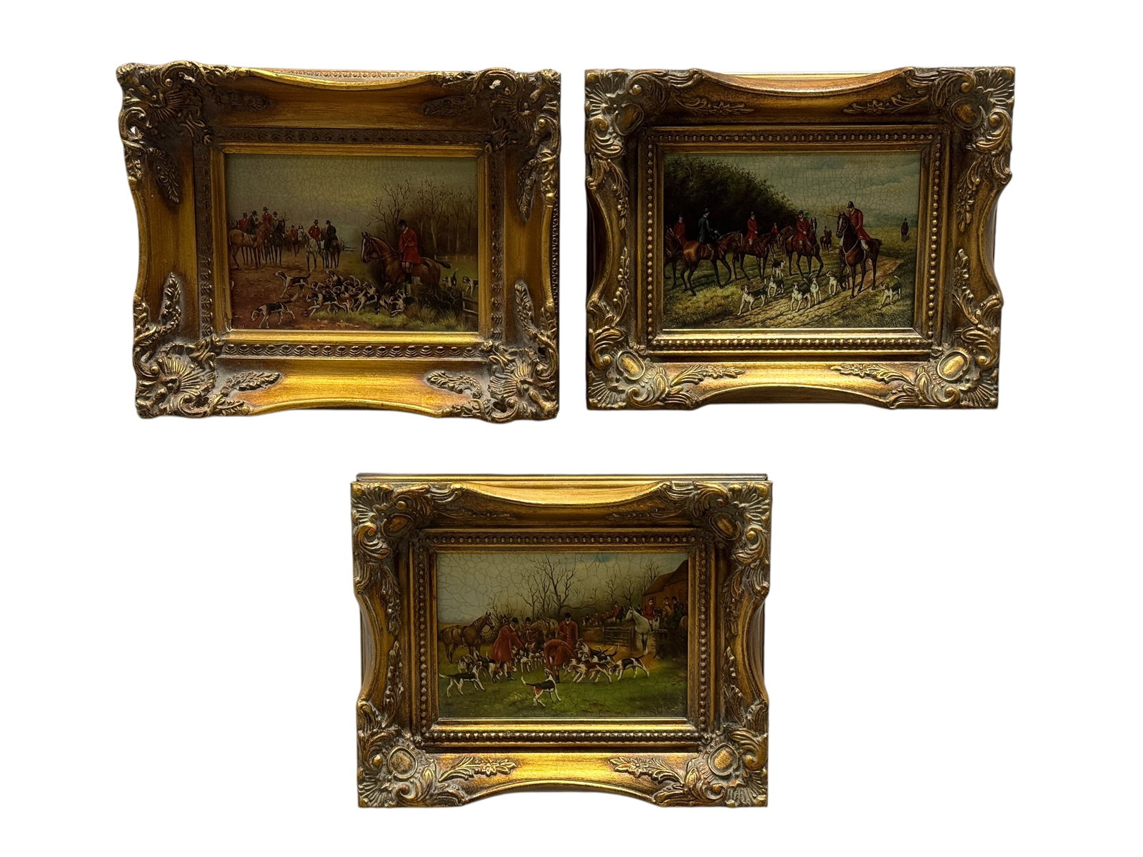 (3) Framed English Fox Hunting Prints: This is a matching group of three vintage color prints depicting classic English fox hunting scenes, including hounds on the scent, huntsmen in traditional scarlet jackets on horseback, and the gather