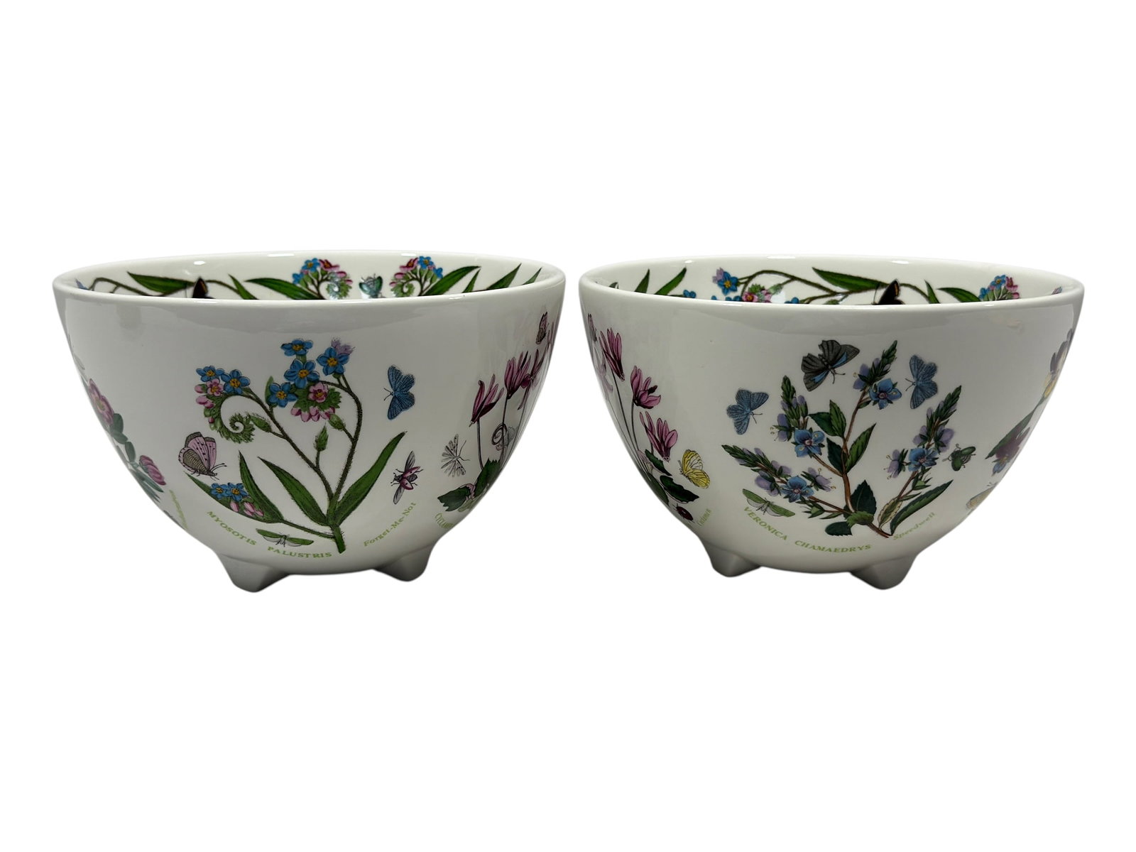Pair of Portmeirion "The Botanic Garden" Ceramic Berry Bowls / Colanders: pair of footed ceramic berry bowls or small colanders from Portmeirion’s "The Botanic Garden" collection. Each circular bowl features an integrated five-hole drainage pattern at the center of the ba