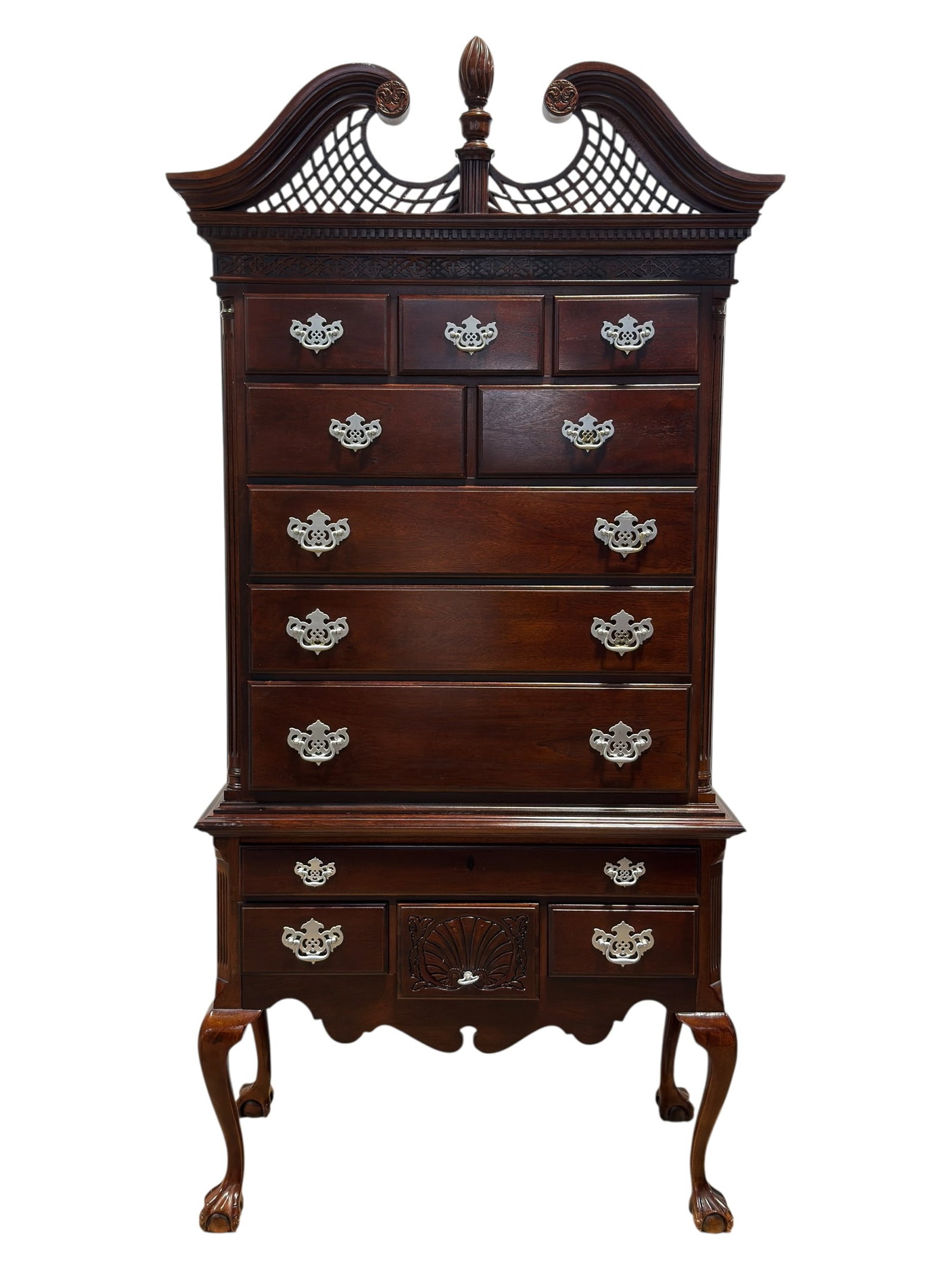 American Drew "American Independence Collection" Chippendale Style Highboy: A Chippendale style mahogany-finished highboy chest from the "American Independence Collection" by American Drew, inspired by original period furnishings from Independence Hall. The upper case feature