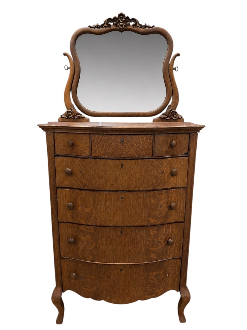 American Antique Tiger Oak Serpentine Tall Chest w/ Mirror (1 of 8)