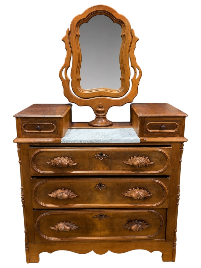 Victorian Renaissance Revival Marble-Top Walnut Dresser w/ Swivel Mirror (1 of 8)
