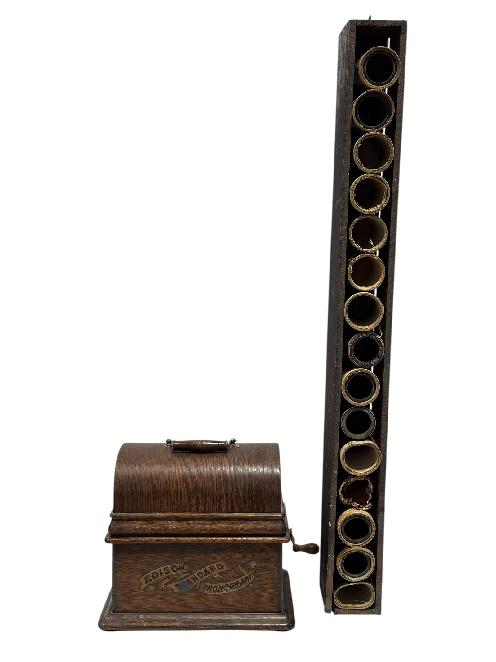 Antique Edison Standard Phonograph w/ Cylinder Record Rack: An early 20th-century Edison Standard Phonograph cylinder player by the National Phonograph Company, Orange, New Jersey. Housed in an oak casing with a domed, latching wooden cover and bentwood handle