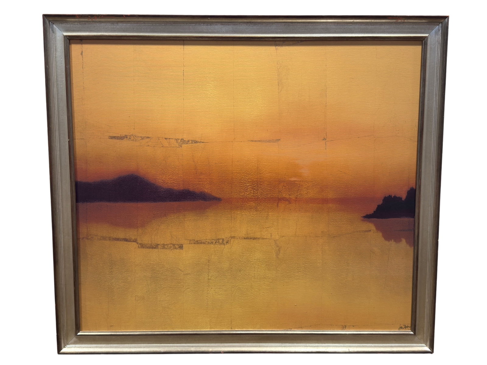 Signed Jason Horton Contemporary Mixed Media on Canvas "Senoran": Signed original mixed media painting on canvas titled Senoran by American contemporary artist Jason Horton (b. 1974), signed lower right. The composition depicts a tranquil, atmospheric landscape at s