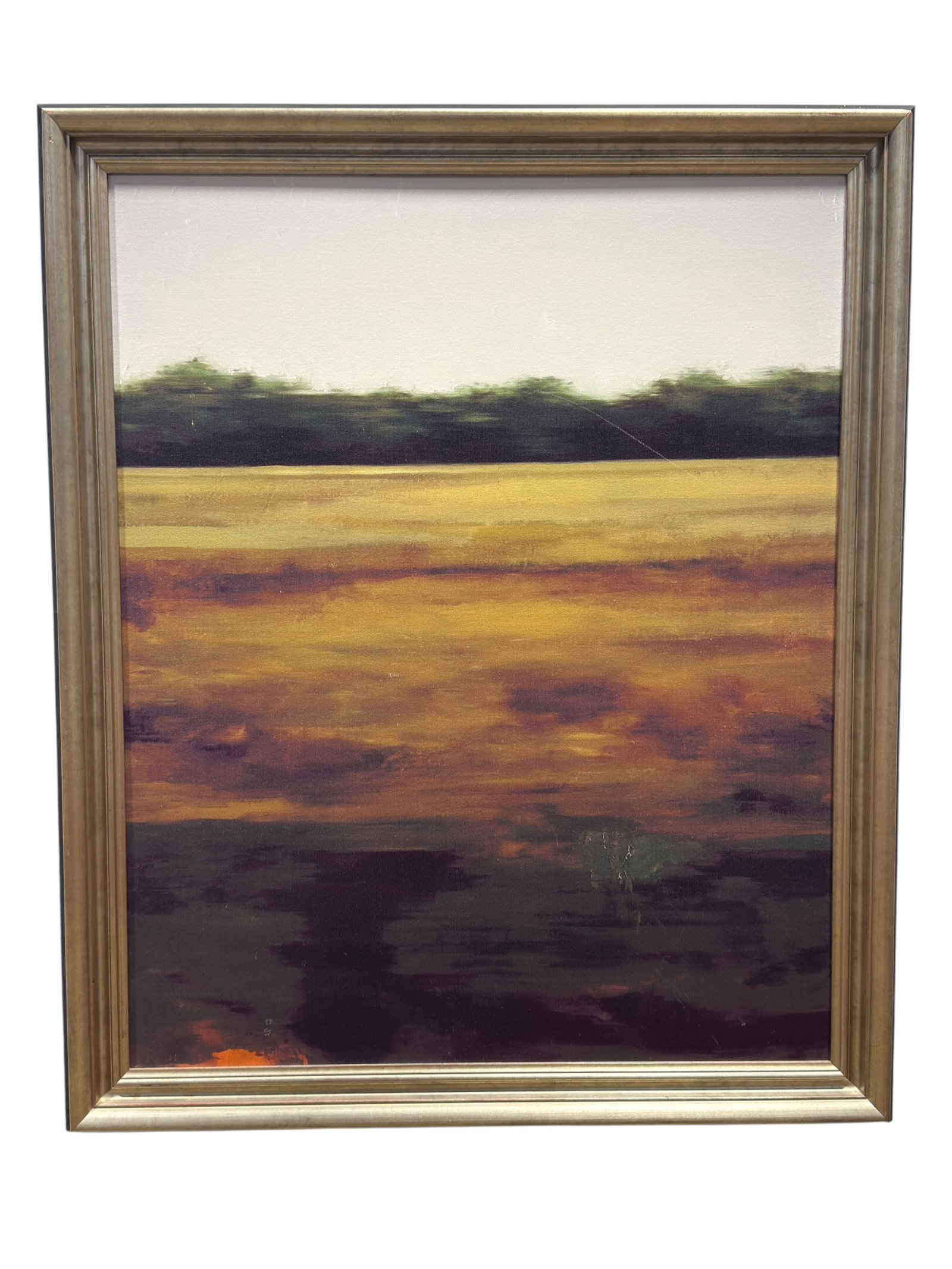 Contemporary Atmospheric Landscape Giclée on Canvas: Contemporary atmospheric landscape giclée on canvas depicting an expansive open field beneath a distant tree line, rendered in richly layered tones of golden ochre, burnt sienna, deep plum, olive gre