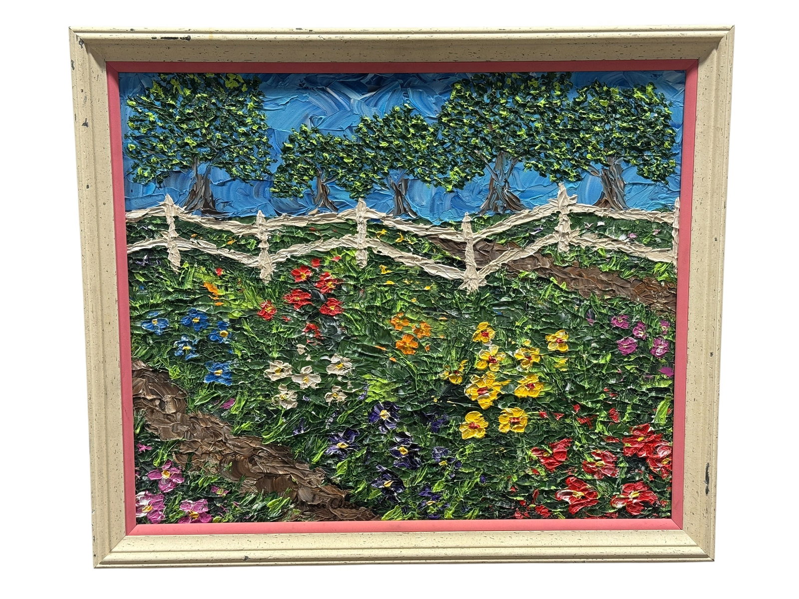 Signed Amber Close "Country Garden Path" Original Impasto Oil on Canvas: Original hand-painted impasto oil on canvas by contemporary artist Amber Close, titled Country Garden Path. Executed in the artist’s signature heavily textured palette-knife technique, the compositi