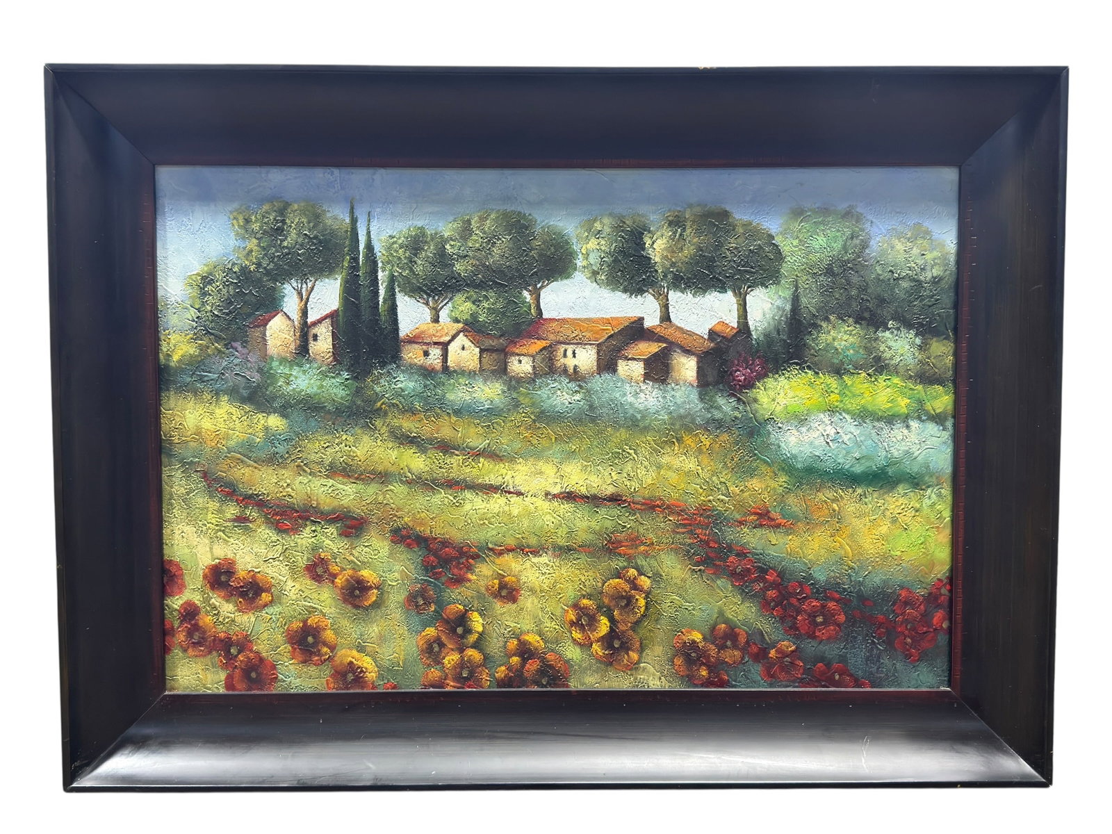 Contemporary Heavy Impasto Mixed Media Landscape on Canvas: Contemporary mixed media on canvas featuring a richly textured impasto landscape depicting a tranquil Mediterranean-style village nestled among towering cypress and umbrella pine trees, with vibrant f