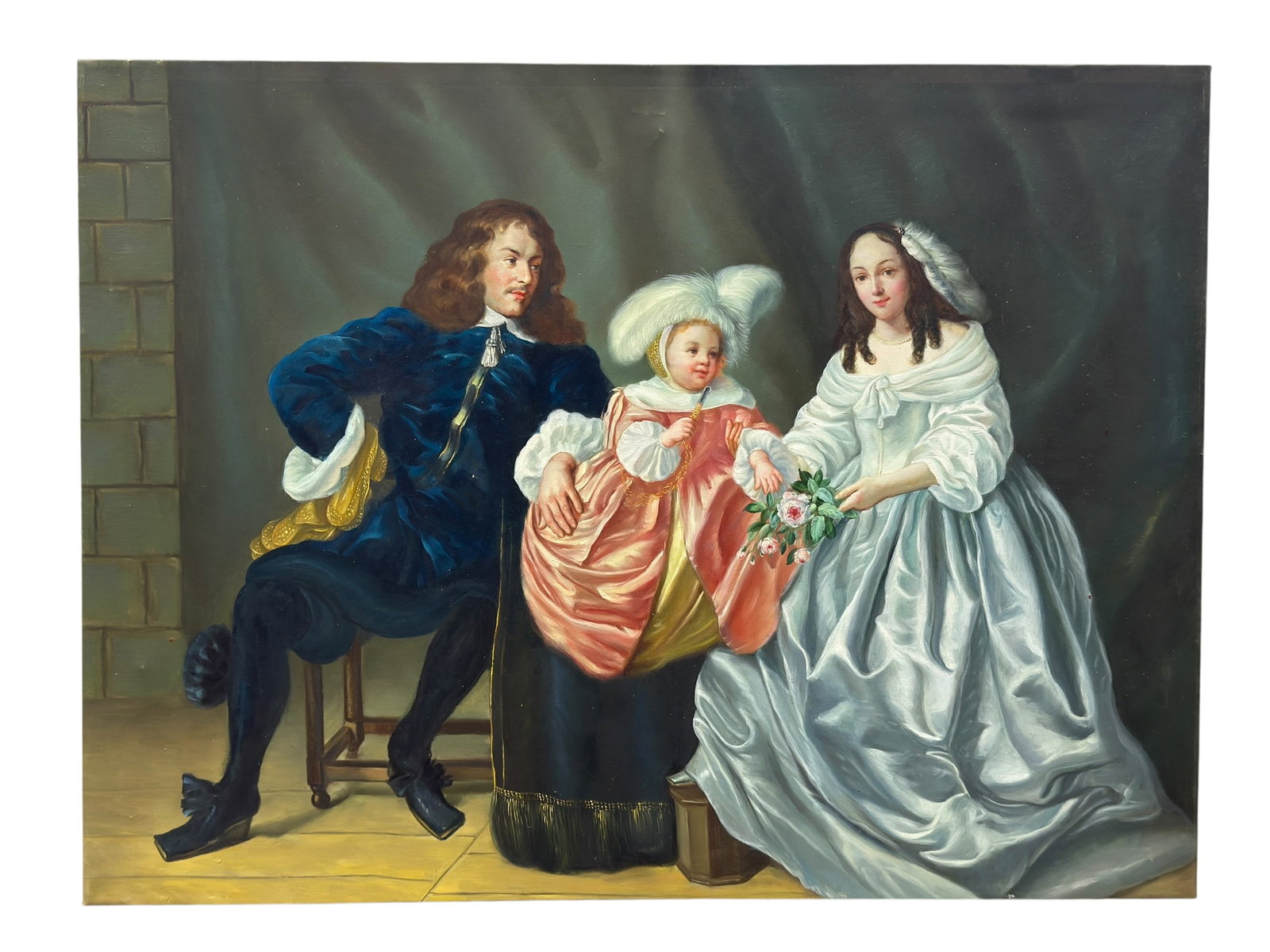 Contemporary Oil on Canvas Portrait After a 17th Century Dutch Master: Contemporary oil on canvas depicting a finely executed portrait of an aristocratic family in 17th-century Dutch style, portraying a seated gentleman dressed in a rich blue velvet doublet beside a youn