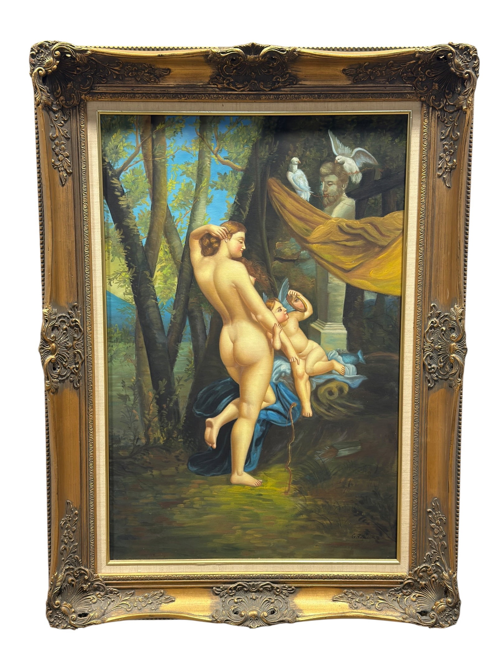 Signed G. Putick Classical Figural Oil on Canvas Painting: Oil on canvas painting depicting a classical mythological-inspired scene of a standing nude female figure attended by Cupid within a wooded landscape, with draped architectural ruins, sculpted bust, a