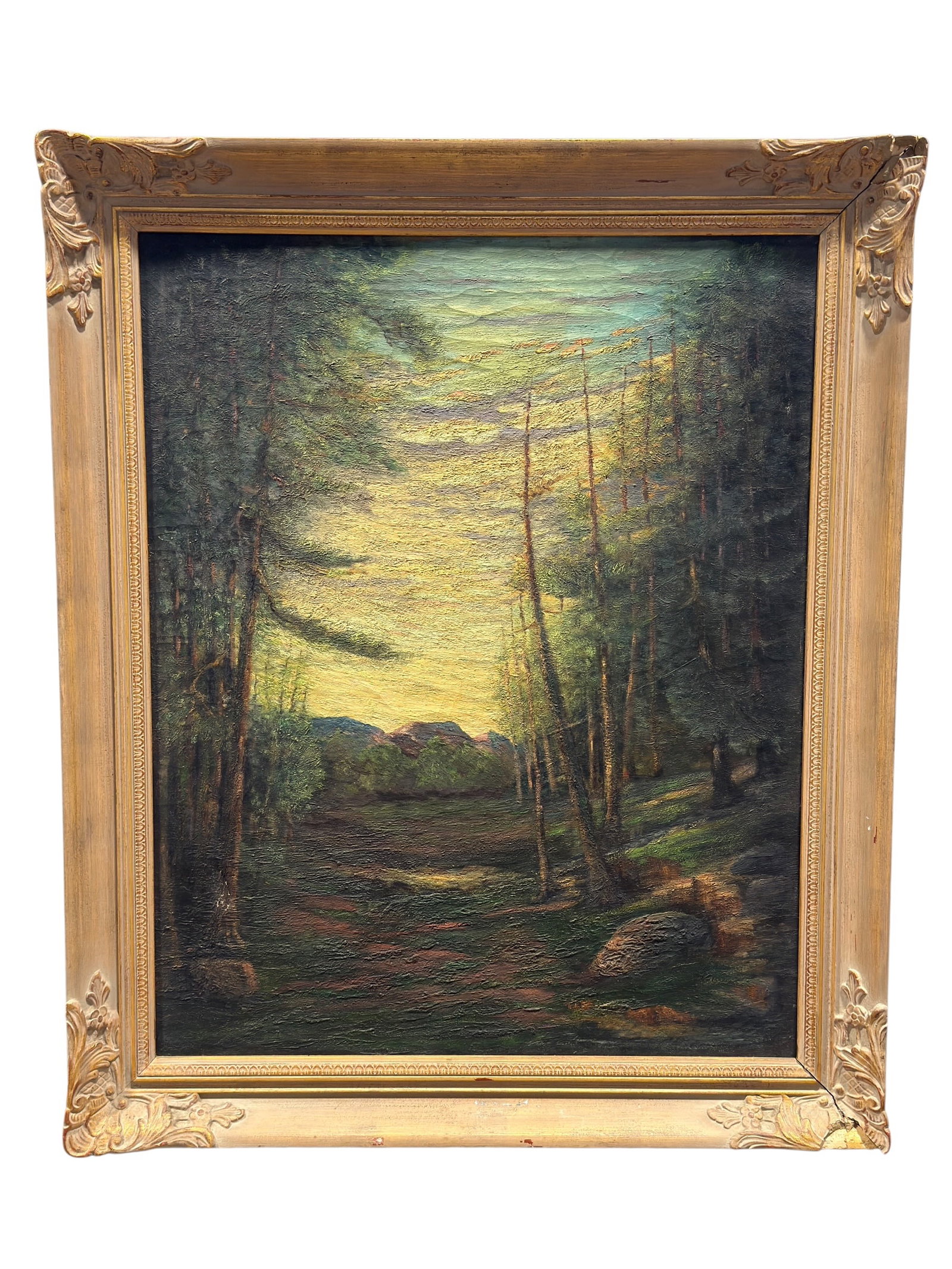 Signed Peter Vander Meyden, 20th C. "The Grove" Oil on Canvas: Original oil on canvas landscape painting by Peter Vander Meyden, titled The Grove, depicting a tranquil woodland clearing with tall trees framing a glowing sky and distant hills. Executed with expres