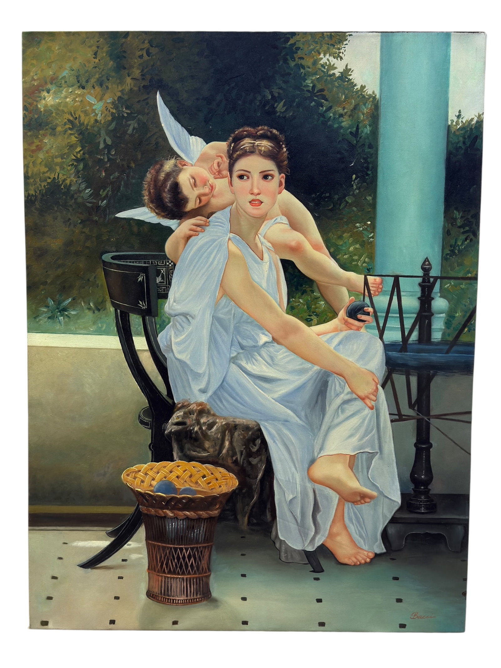 Signed Contemporary Classical Figural Oil on Canvas Painting: Gracefully capturing the timeless beauty of classical antiquity, this finely executed oil on canvas portrays a young maiden in flowing white drapery accompanied by a sleeping winged cupid upon a shade