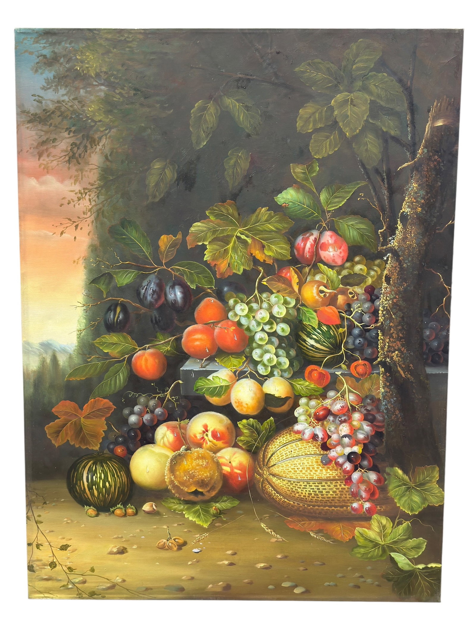 Contemporary Continental School Oil on Canvas Still Life: Overflowing with the abundance of a late summer harvest, this richly detailed oil on canvas still life celebrates the tradition of Old Master fruit paintings through an opulent arrangement of grapes, 