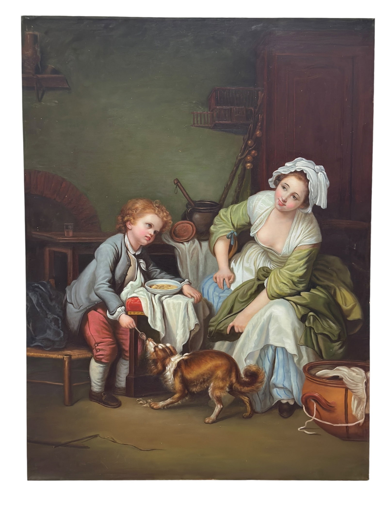 Contemporary European School Oil on Canvas Genre Scene: Capturing a quiet moment of domestic life with warmth and gentle humor, this finely executed oil on canvas depicts a young boy mischievously feeding the family dog from his breakfast while a seated wo