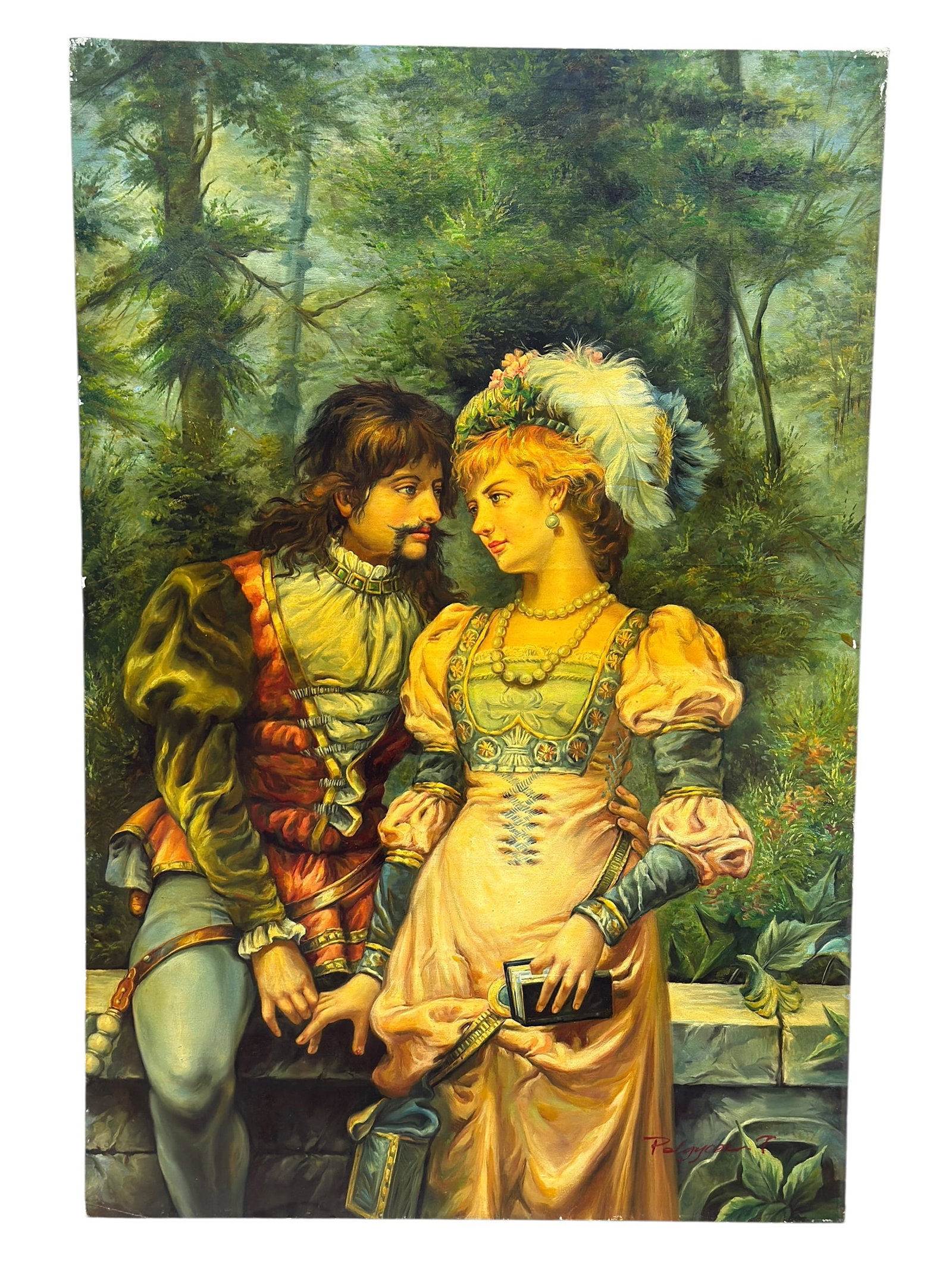 Signed Figural Courtship Scene Oil on Canvas: A decorative oil on canvas depicting an elegantly dressed courting couple in Renaissance-inspired attire set against a lush woodland landscape. The composition captures an intimate moment between the 