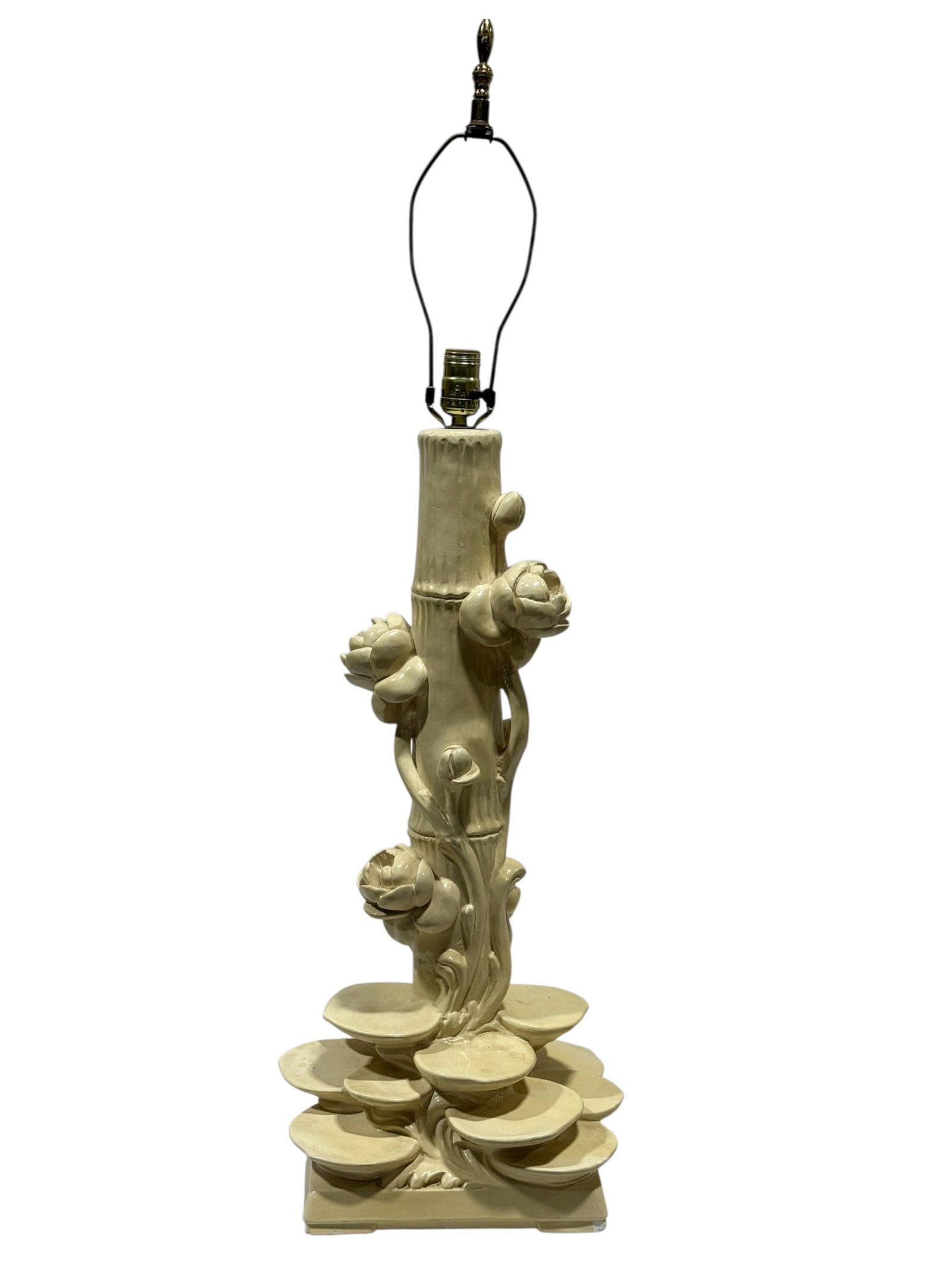 Mid 20th C. Blanc de Chine Style Ceramic Lotus & Bamboo Table Lamp: A striking mid-20th-century ceramic table lamp finished in a warm ivory-white glaze and modeled as a tall bamboo trunk rising from a lush sculptural arrangement of overlapping lotus pads, curling stem
