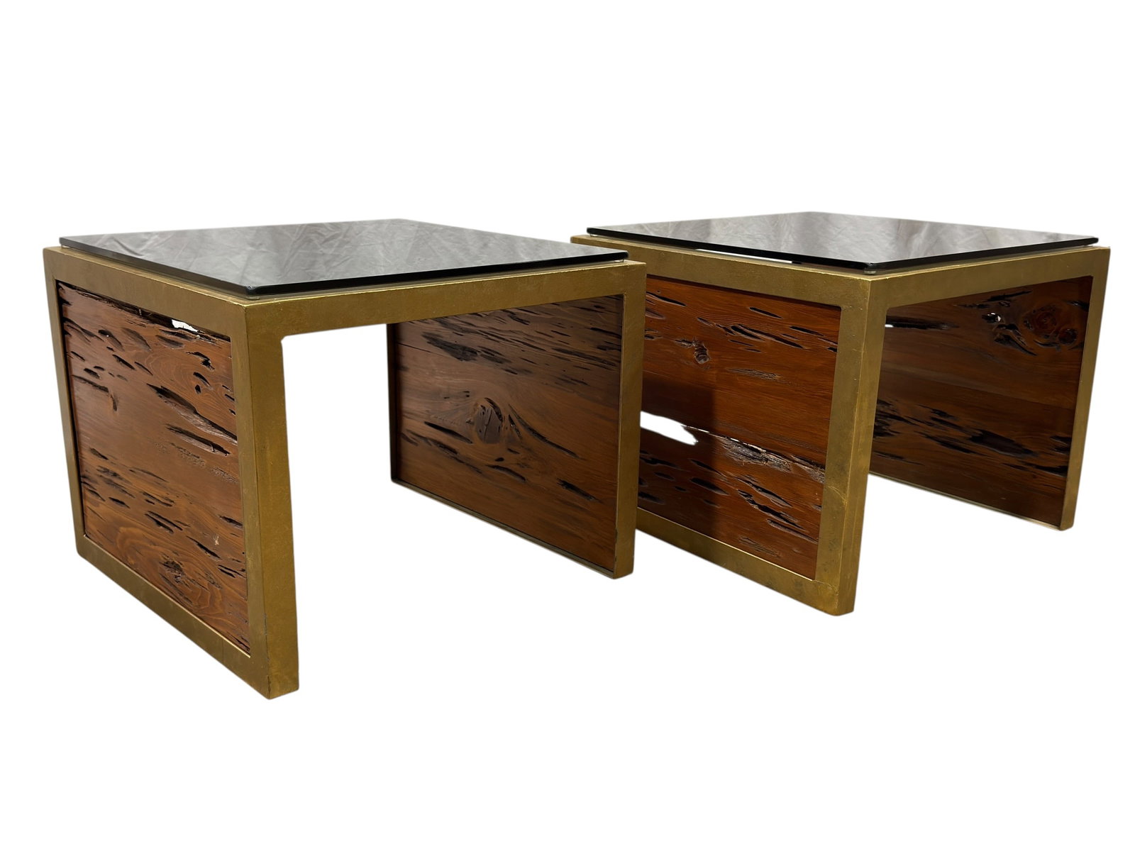 Pair of Mid Century Brutalist Pecky Cypress & Gilt Iron End Tables: A stunning pair of mid-century Brutalist-style end tables featuring an exceptional tri-material construction. The side panels are crafted from highly textured pecky cypress, a coveted wood known for i