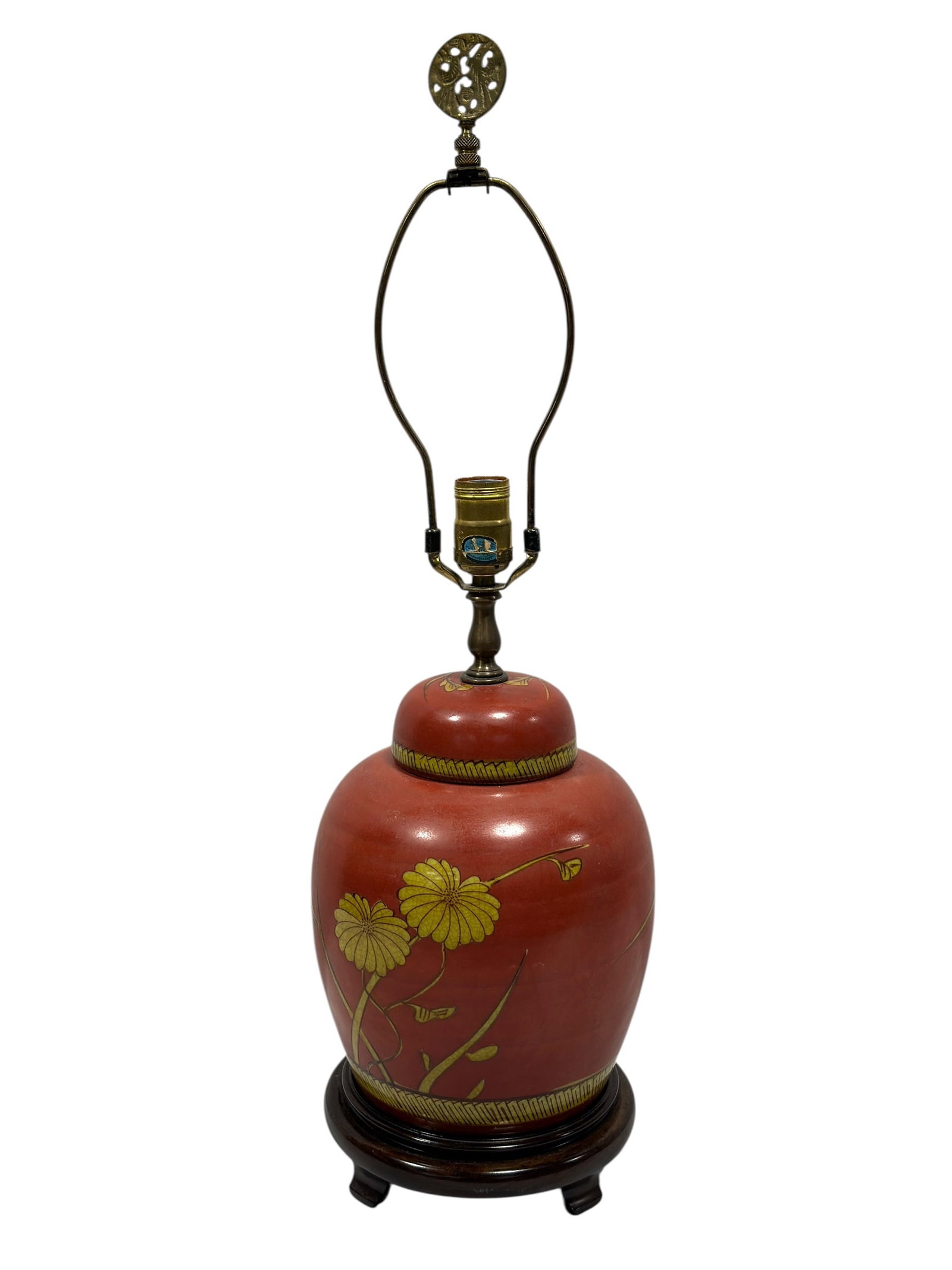 Vintage Asian Style Red Floral Porcelain Urn-Form Table Lamp: Vintage Asian-style table lamp fashioned from a large porcelain urn-form body with coordinating domed cap, decorated in a warm coral-red glaze with stylized yellow chrysanthemum-like blossoms, scrolli